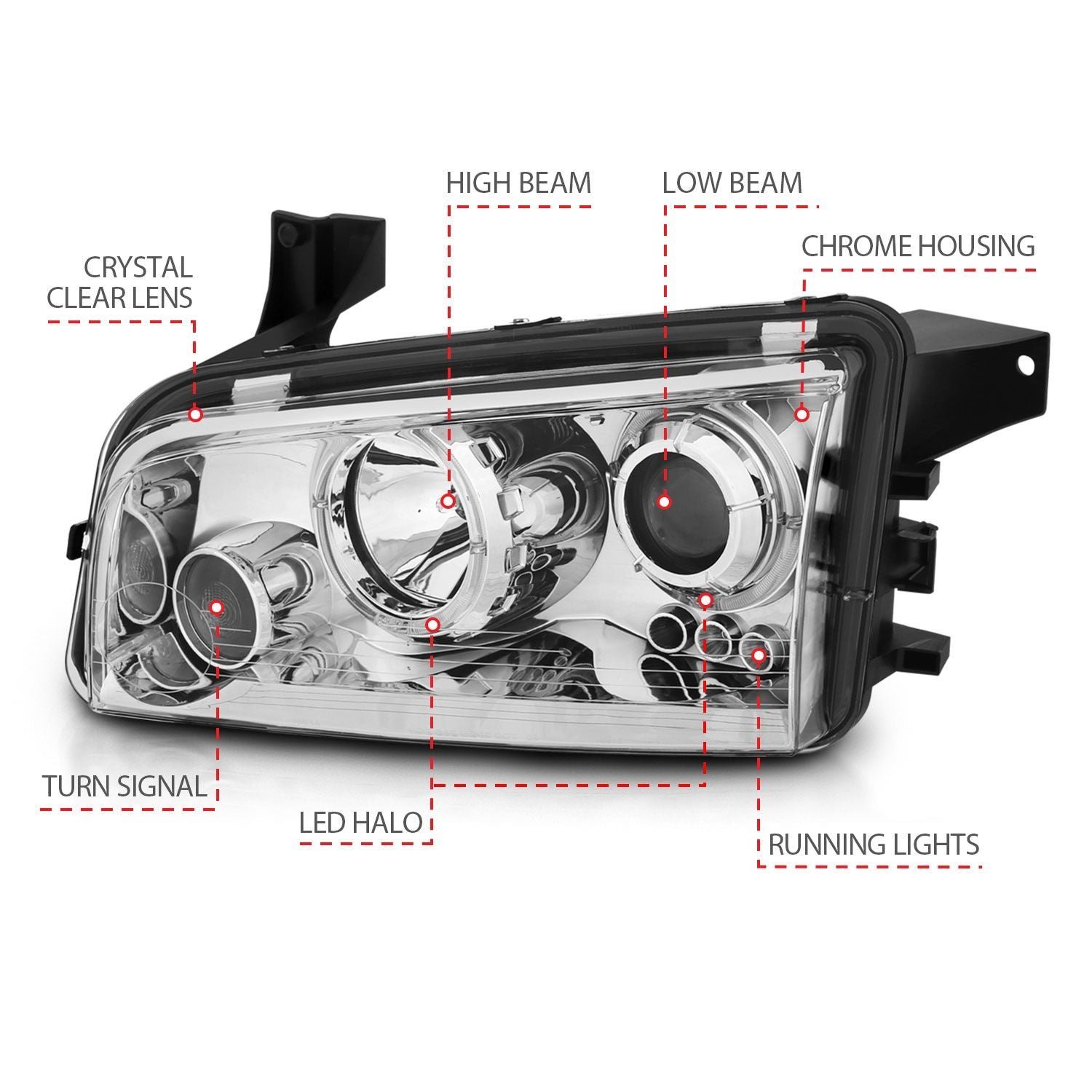 Dodge Charger 06-10 Projector Headlights Chrome W/ Rx Halo(for Halogen Models Only) - Image 4