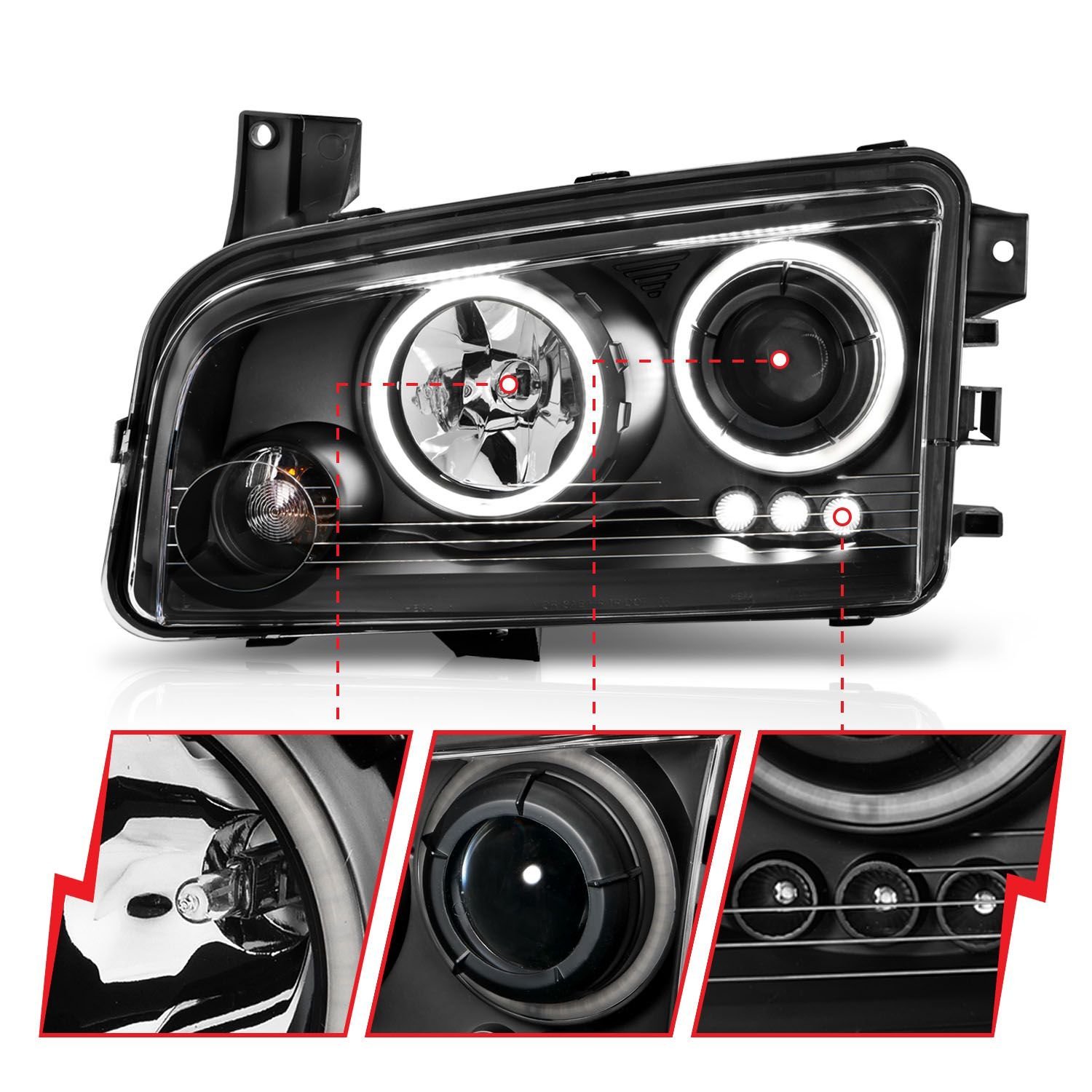 Dodge Charger 06-10 Projector Headlights Black W/Rx Halo - Image 3