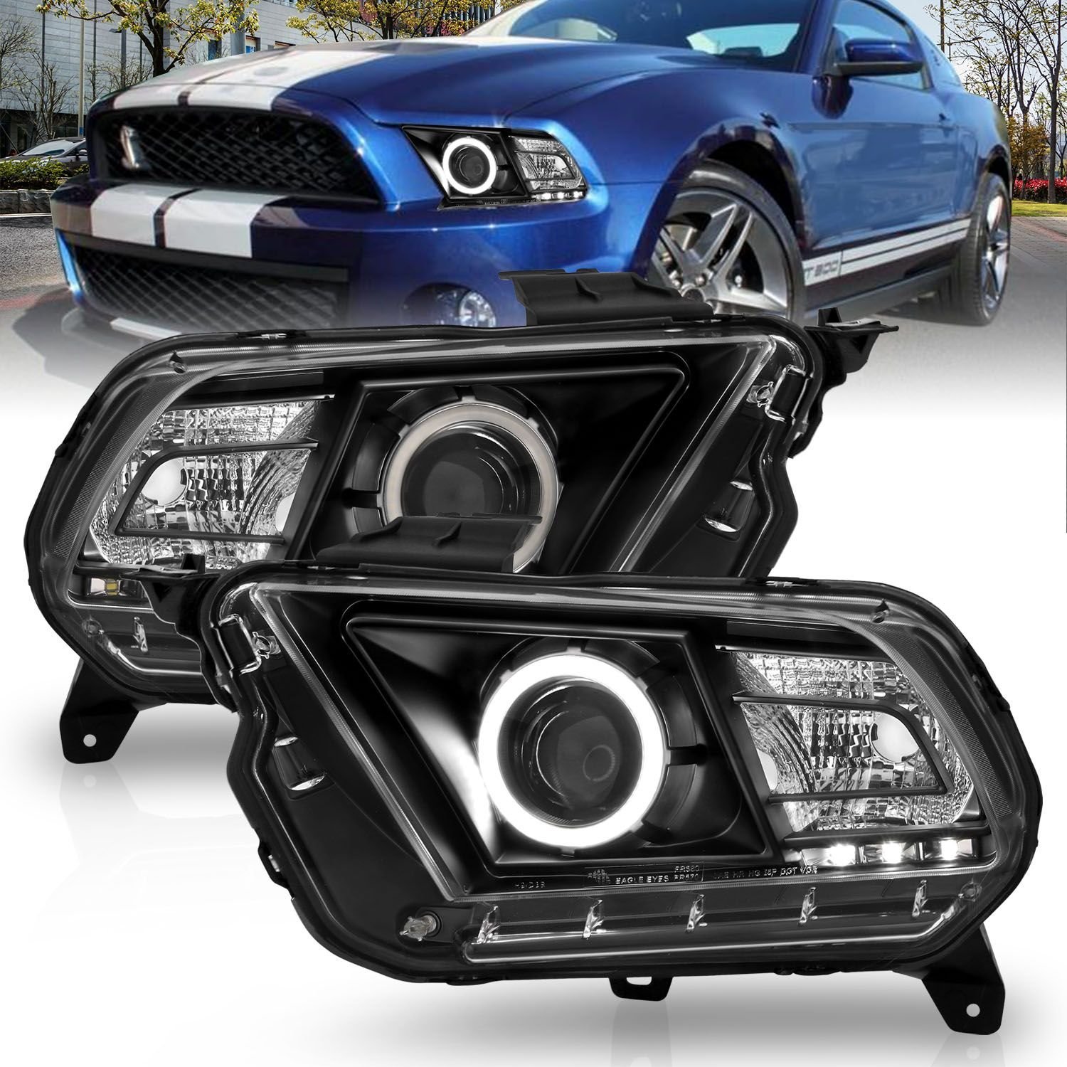 Ford Mustang 10-13 Projector Headlights Black W/ Rx Halo - Image 1