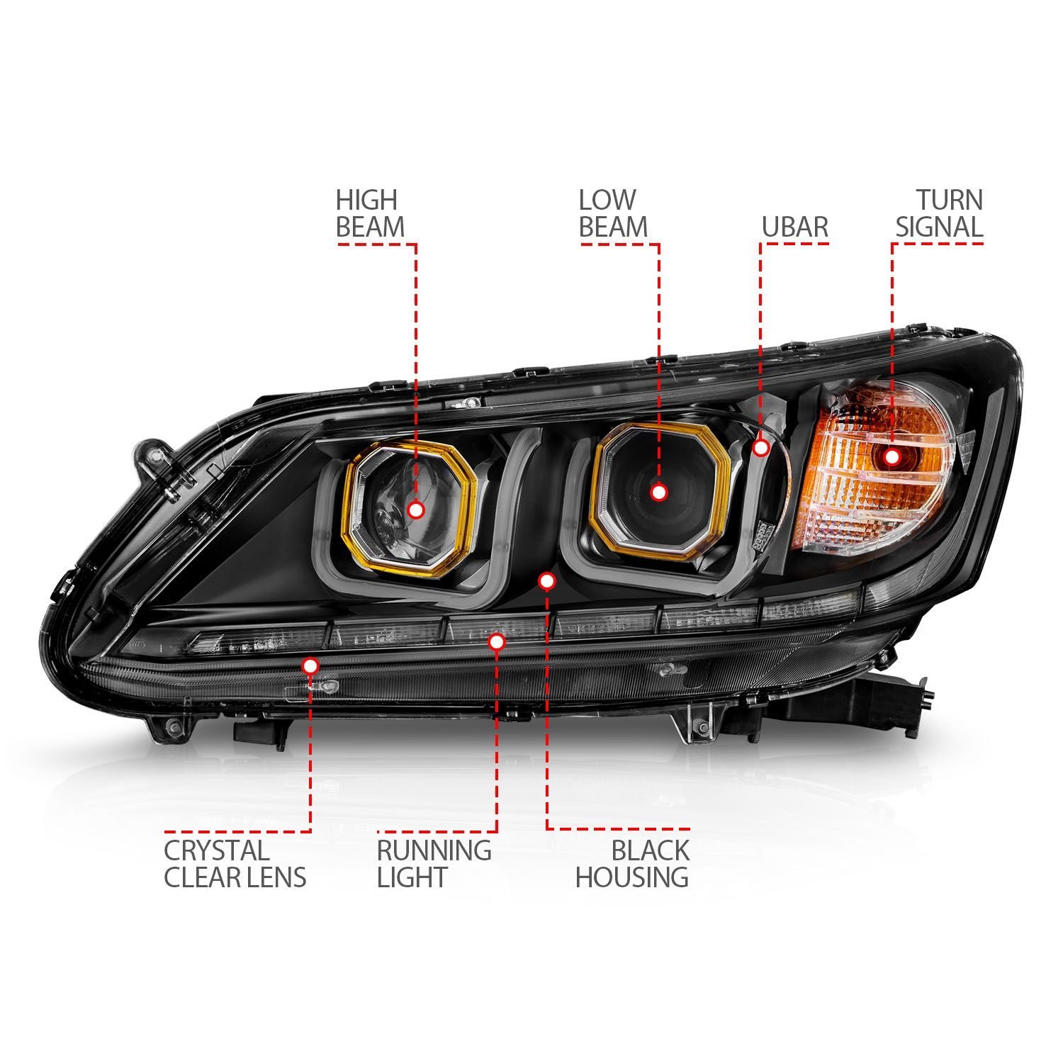 Honda Accord 13-15 4DR Projector Headlights U-bar Black Clear - Image 4