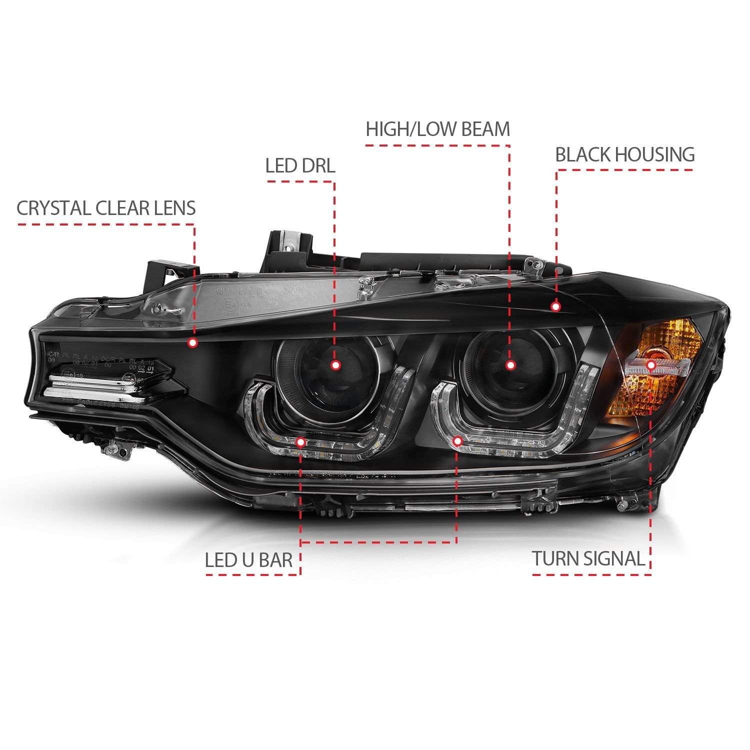 BMW 3 Series F30 4DR 12-15 Projector Headlights U-bar Black - Image 4