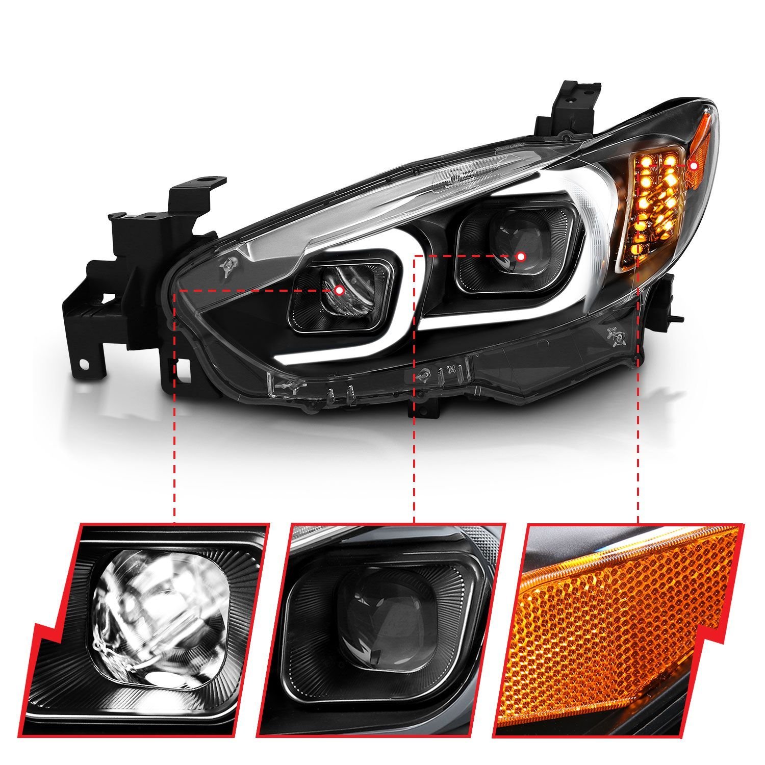 Mazda 6 14-15 Projector Led Plank Style Headlights Black W/ Amber - Image 3