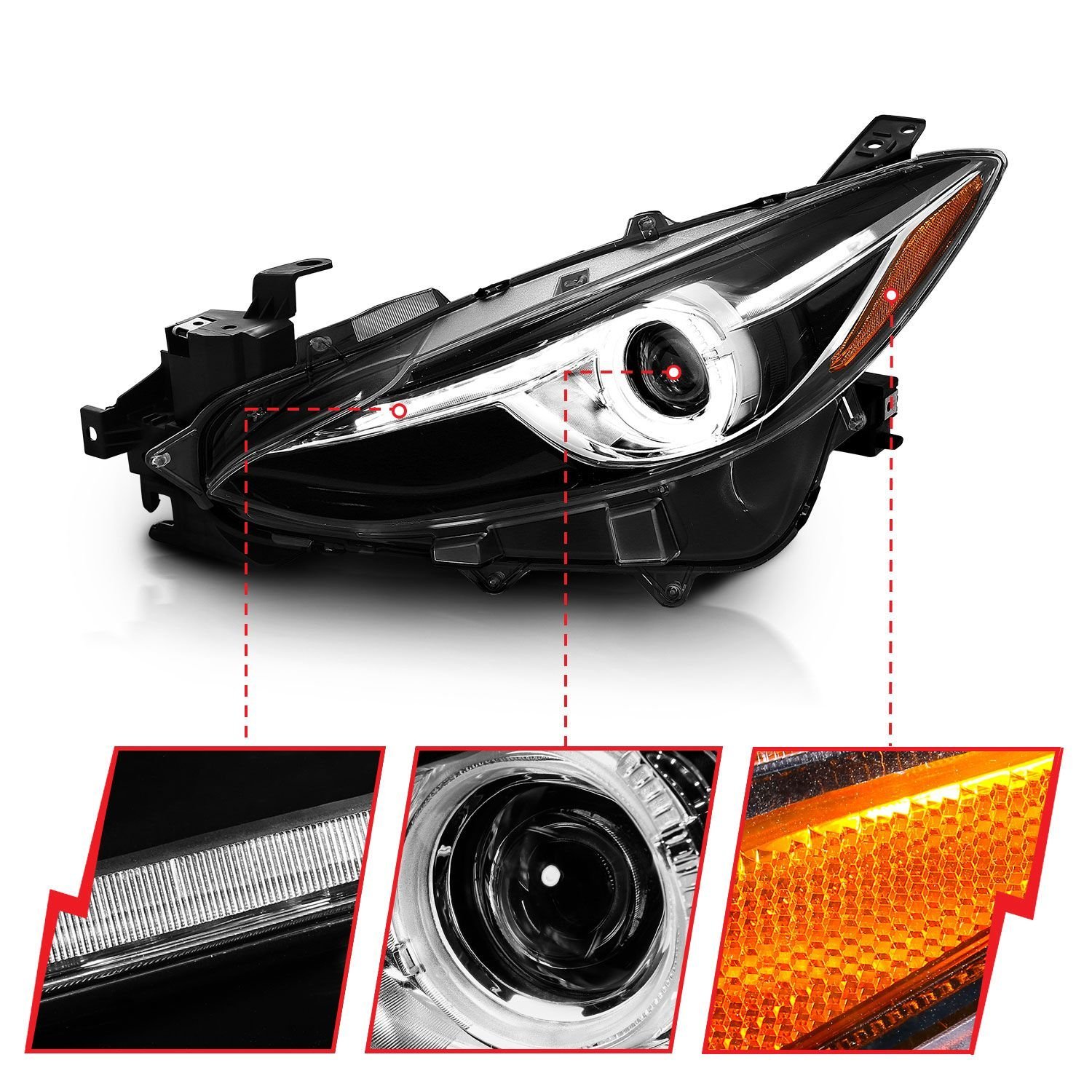 Mazda 3 14-16 Projector Halo Headlights Black - Image 3