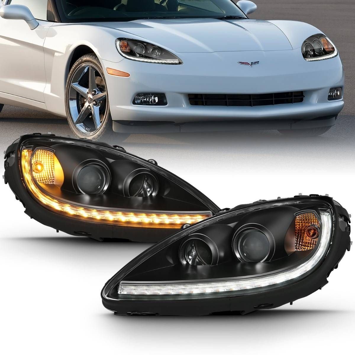 Chevy Corvette 05-13 Plank Style Projector Headlights Black - Image 1
