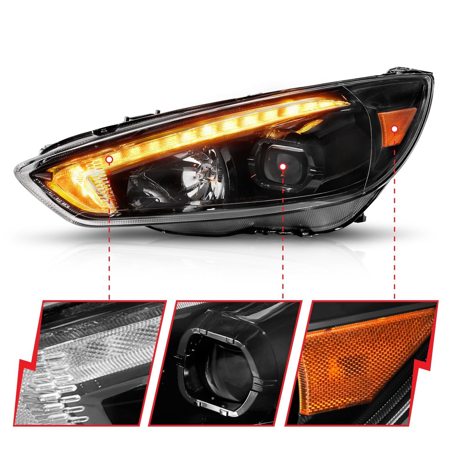Ford Focus 15-18 Projector Headlights  Black - Image 3