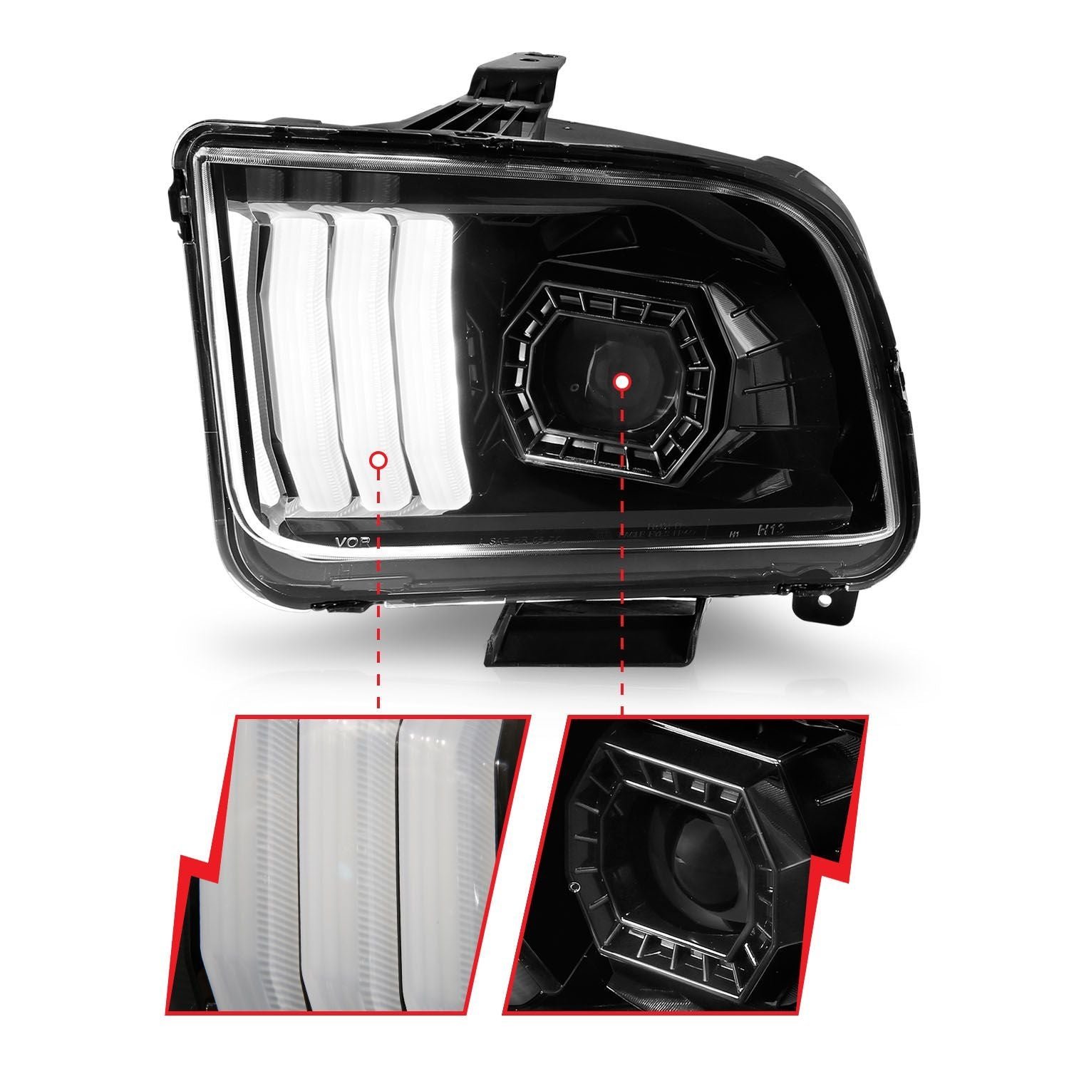 Ford Mustang 05-09 Projector Light Bar Style Headlights Black - Image 3