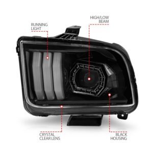 Ford Mustang 05-09 Projector Light Bar Style Headlights Black - Image 4