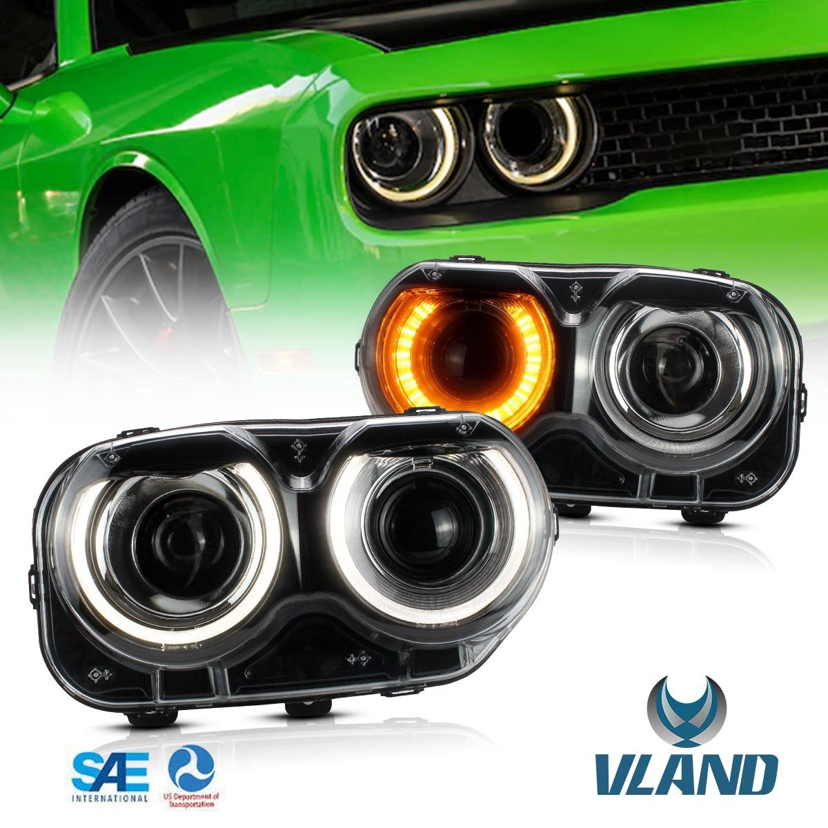 VLAND LED Halo Headlights For Dodge Challenger 2015-2020 With Sequential Turn Signals - Image 10