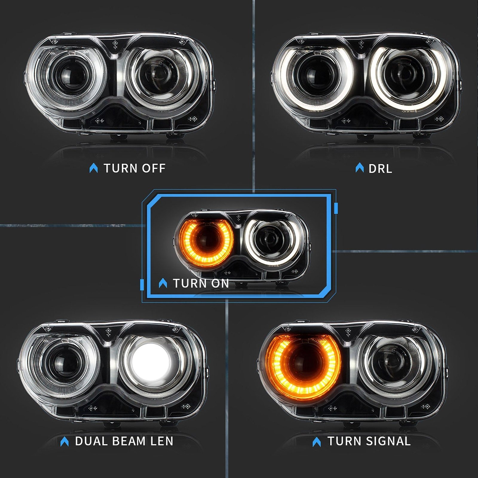 VLAND LED Halo Headlights For Dodge Challenger 2015-2020 With Sequential Turn Signals - Image 13