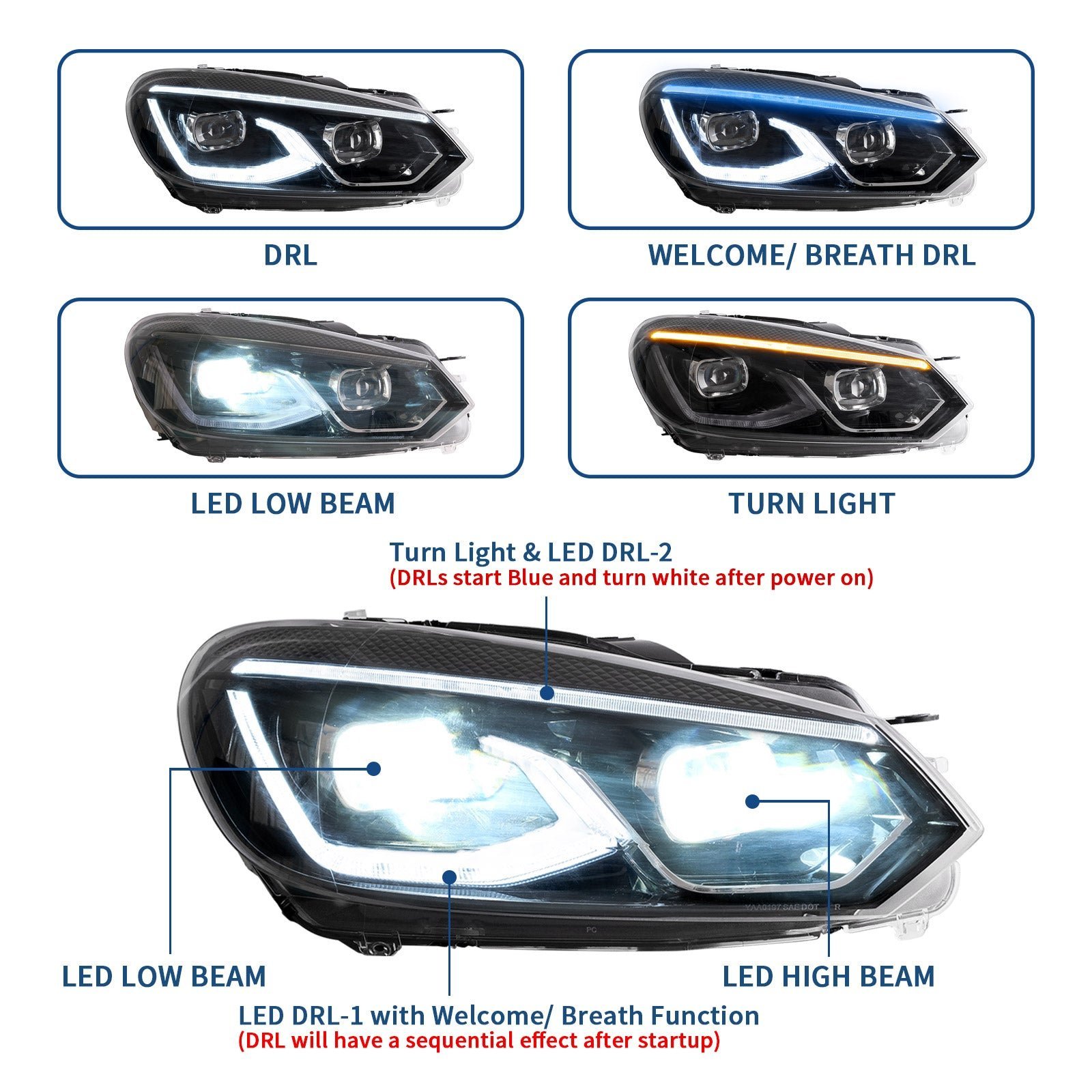VLAND LED Projector Headlights Head Lamps For Volkswagen VW Golf 6 / MK6 2010-2014 (NOT fit for Golf GTI and Golf R models) - Image 7