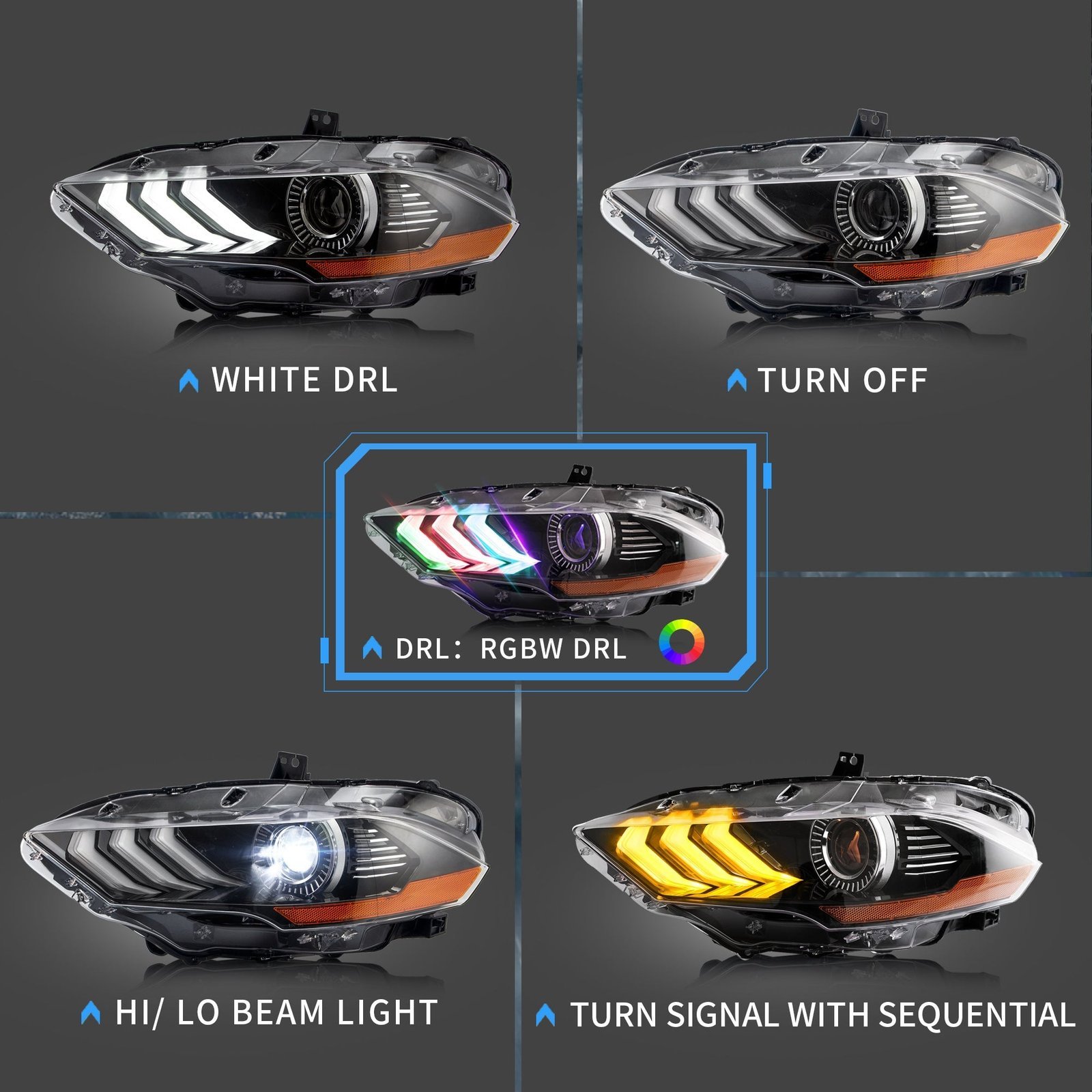 VLAND LED & RGB Projector Headlights For Ford Mustang GT and EcoBoost Models 2018-2022 - Image 7