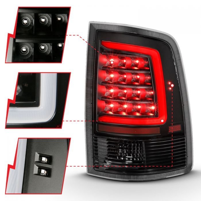 Dodge Ram 1500 09-18 / 2500 3500 10-18 Led Tail Lights Black Clear W/ C Light Bar