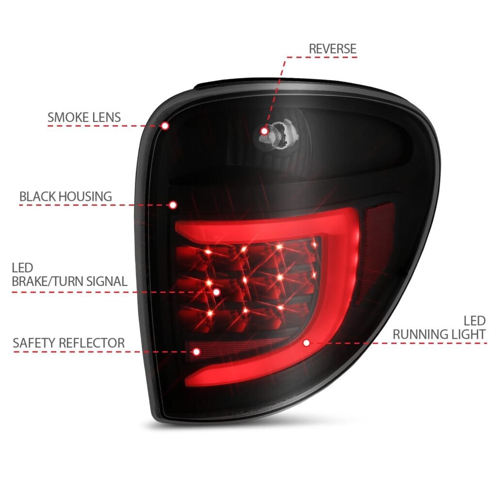 DODGE GRAND CARAVAN; CRYSLER TOWN&COUNTRY 04-07 L.E.D T.L BLACK HOUSING SMOKE LENS W/ C LIGHT BAR