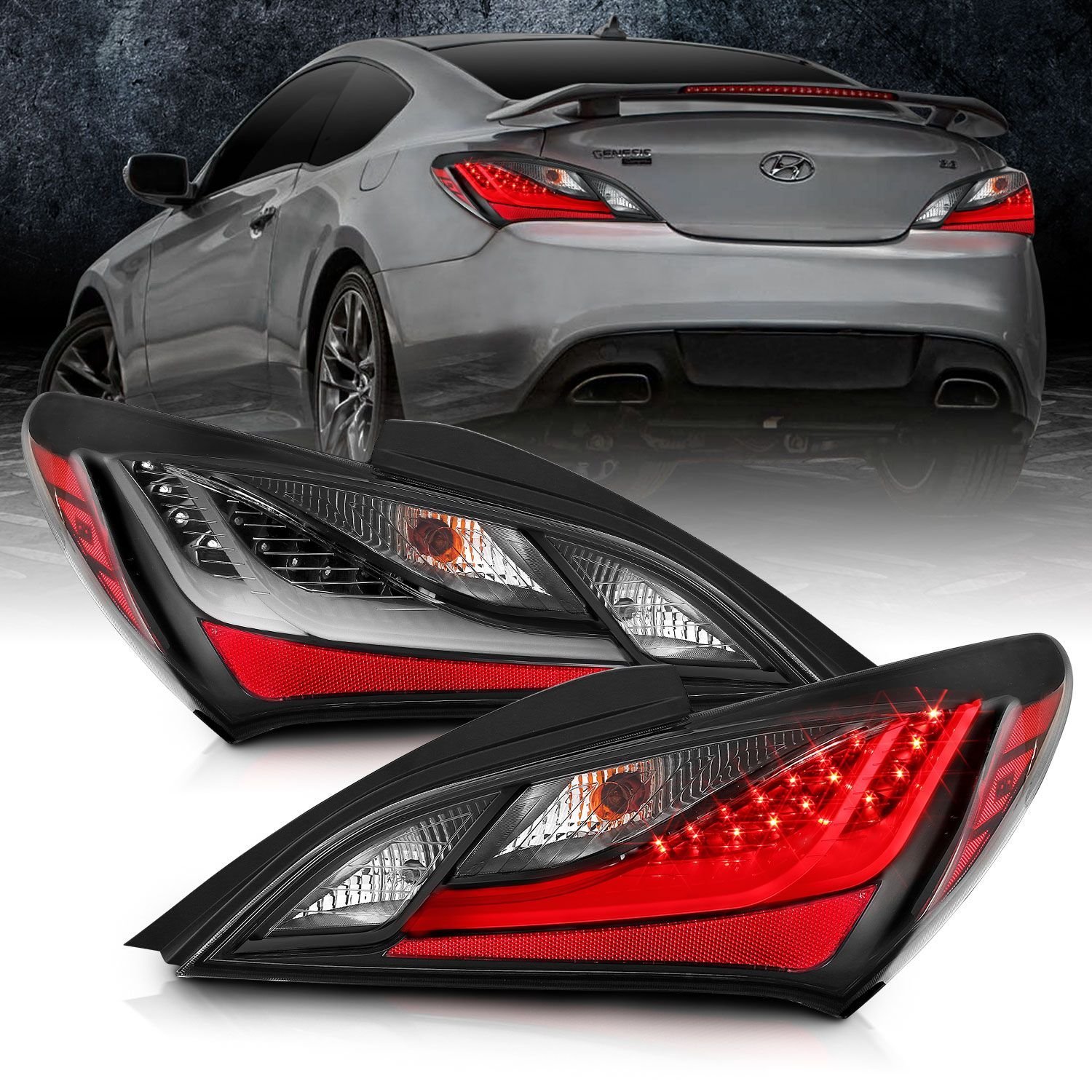 Hyundai Genesis 10-16 2DR Led Tail Lights Black Dark Smoke Lens - Image 1