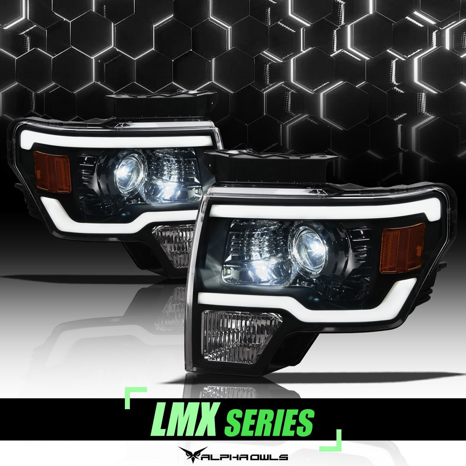Alpha Owls 2009-2014 Ford F-150 (Excl. Models w/ factory Xenon) LMX Series LED Projector Headlights (LED Projector Black housing w/ LumenX Light Bar) - Image 1