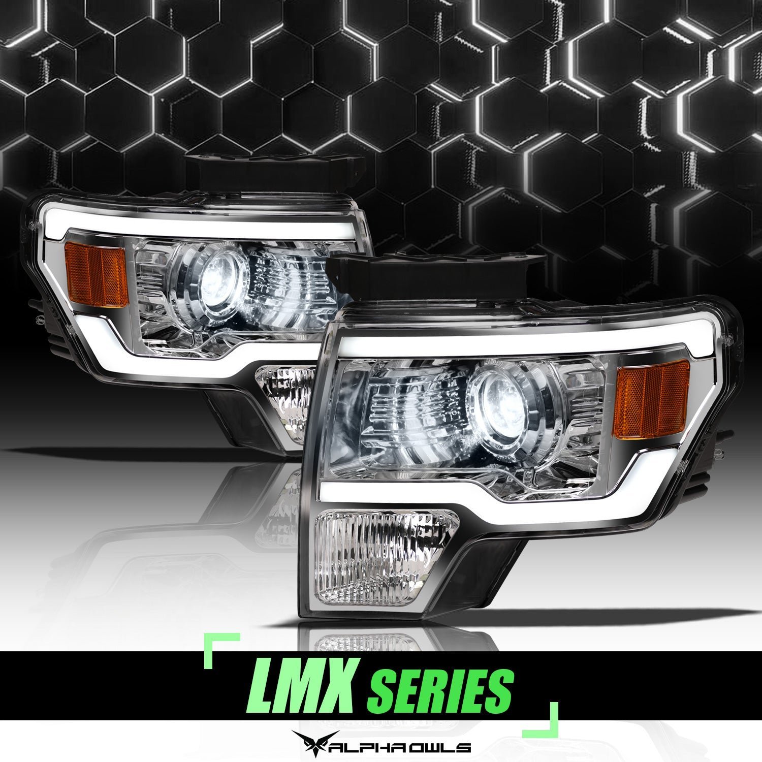Alpha Owls 2009-2014 Ford F-150 (Excl. Models w/ factory Xenon) LMX Series LED Projector Headlights (LED Projector Chrome housing w/ LumenX Light Bar) - Image 1