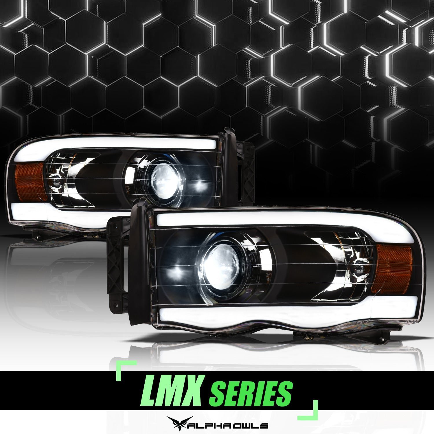 Alpha Owls 2003-2005 Dodge Ram 2500/3500 LMX Series LED Projector Headlights (LED Projector Black housing w/ LumenX Light Bar) - Image 1