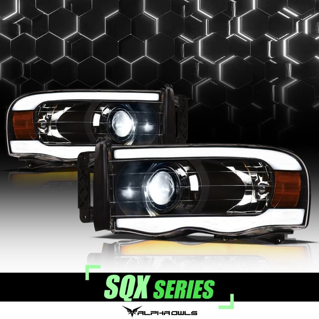 Alpha Owls 2003-2005 Dodge Ram 2500/3500 SQX Series LED Projector Headlights (LED Projector Black housing w/ Sequential Signal/LumenX Light Bar)