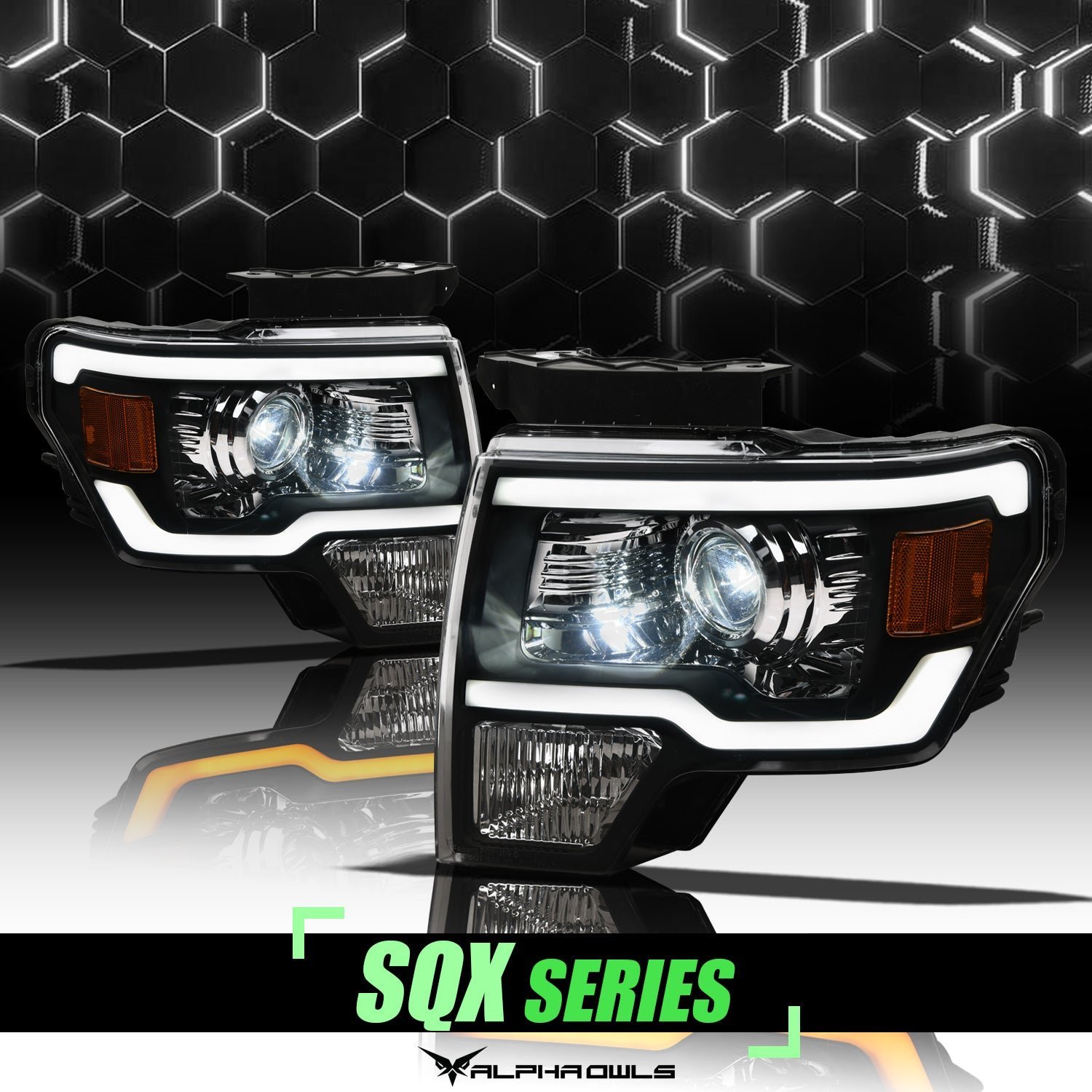 Alpha Owls 2009-2014 Ford F-150 (Excl. Models w/ factory Xenon) SQX Series LED Projector Headlights (LED Projector Black housing w/ Sequential Signal/LumenX Light Bar) - Image 1