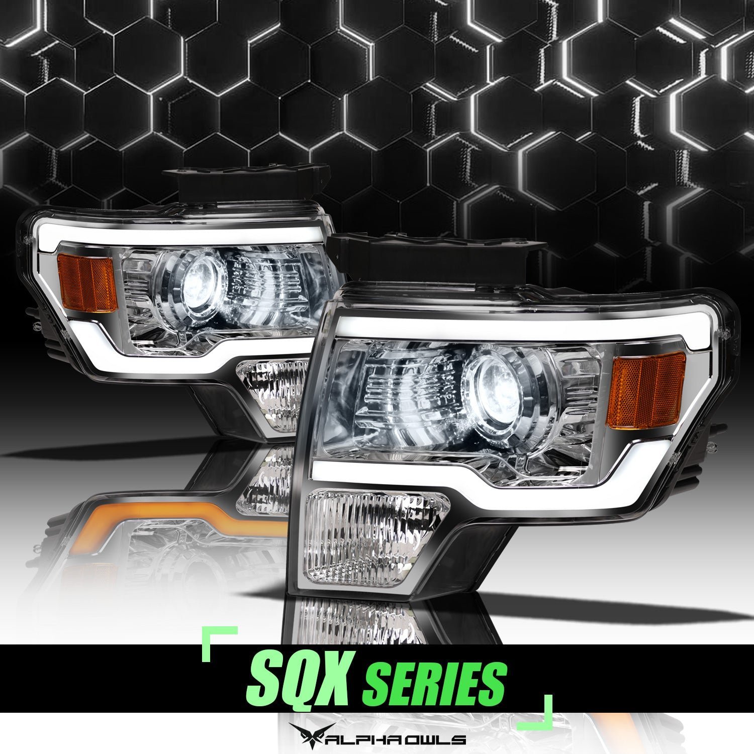 Alpha Owls 2009-2014 Ford F-150 (Excl. Models w/ factory Xenon) SQX Series LED Projector Headlights (LED Projector Chrome housing w/ Sequential Signal/LumenX Light Bar) - Image 1