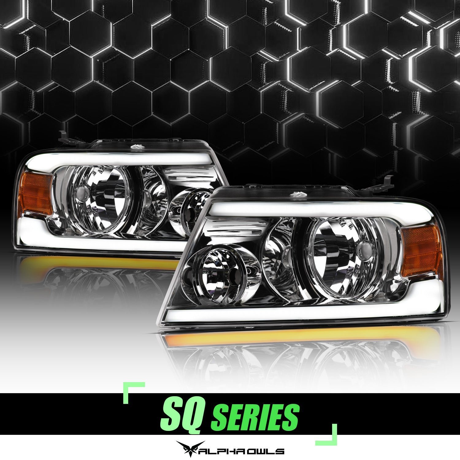 Alpha Owls 2006-2008 Lincoln Mark-LT SQ Series Headlights (Crystal Headlights Chrome housing w/ Sequential Signal/LumenX Light Bar) - Image 1