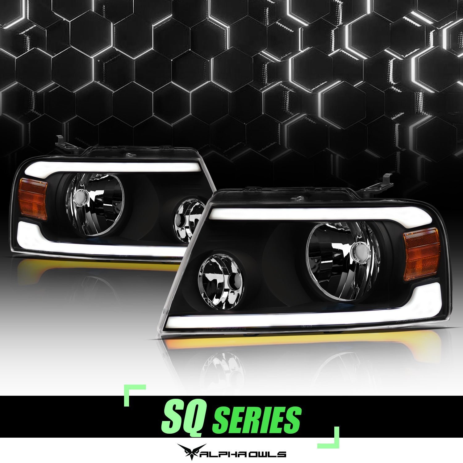 Alpha Owls 2006-2008 Lincoln Mark-LT SQ Series Headlights (Crystal Headlights Black housing w/ Sequential Signal/LumenX Light Bar) - Image 1