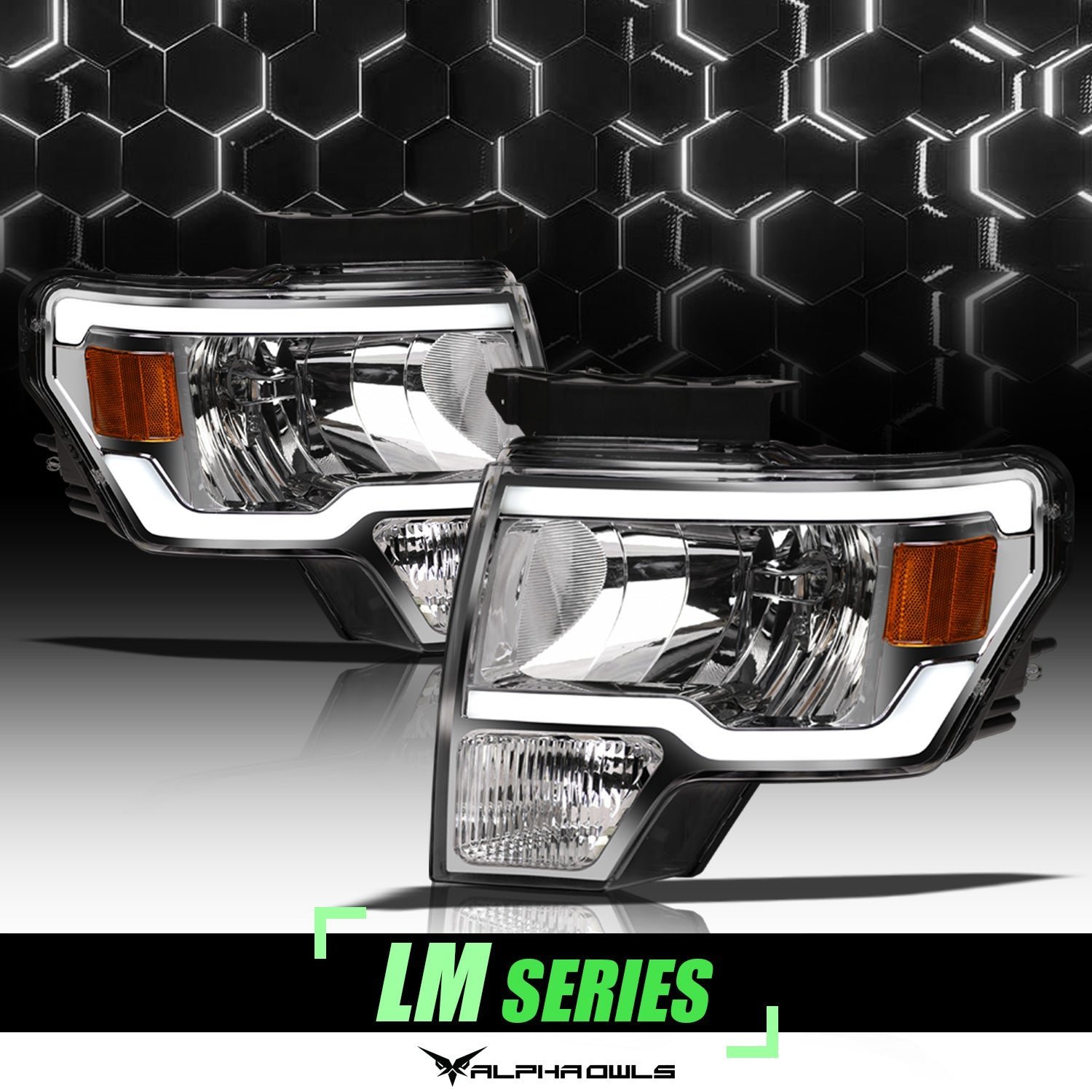 Alpha Owls 2009-2004 Ford F-150 (Excl. Models w/ factory Xenon) LM Series Headlights (Crystal Headlights Chrome housing w/ LumenX Light Bar) - Image 1
