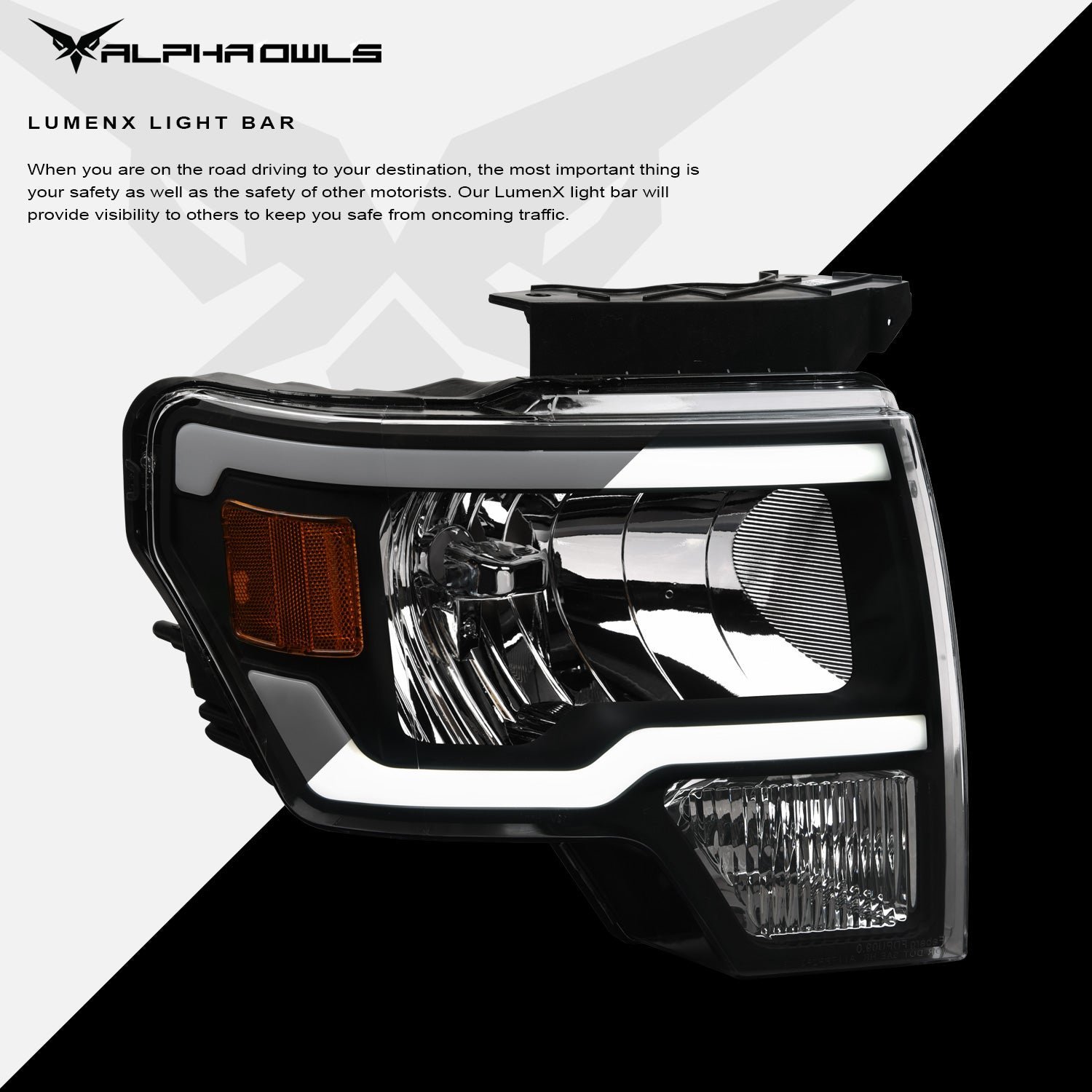 Alpha Owls 2009-2014 Ford F-150 (Excl. Models w/ factory Xenon) LM Series Headlights (Crystal Headlights Black housing w/ LumenX Light Bar) - Image 4