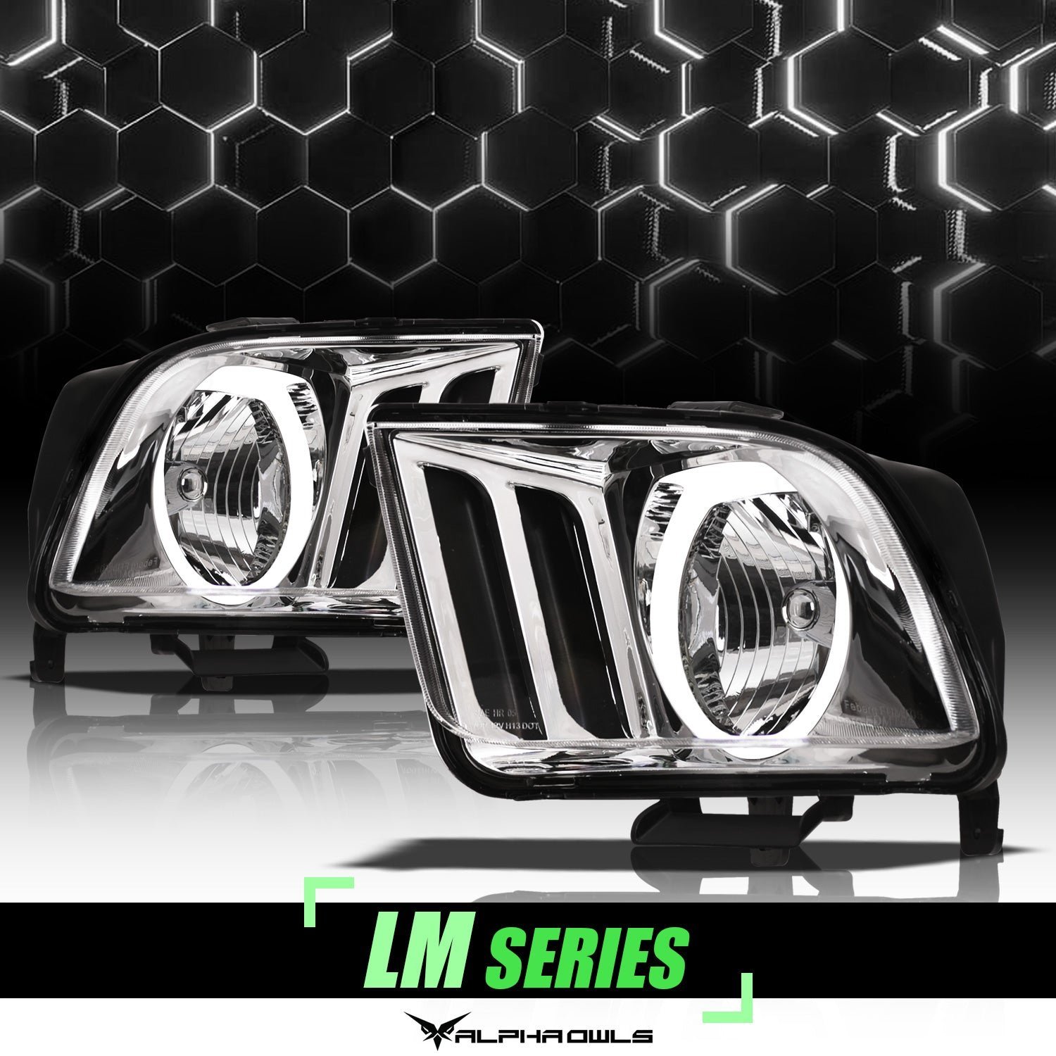 Alpha Owls 2005-2009 Ford Mustang LM Series Headlights (Crystal Headlights Chrome housing w/ LumenX Halo) - Image 1