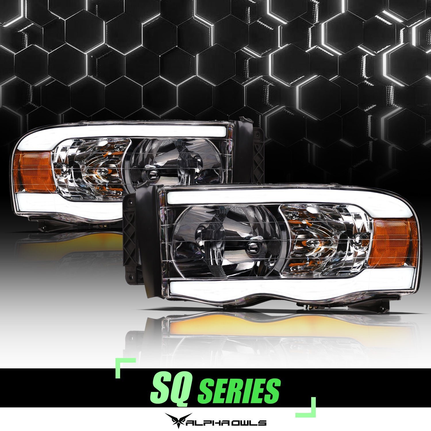Alpha Owls 2003-2005 Dodge Ram 2500/3500 SQ Series Headlights (Crystal Headlights Chrome housing w/ Sequential Signal/LumenX Light Bar) - Image 1