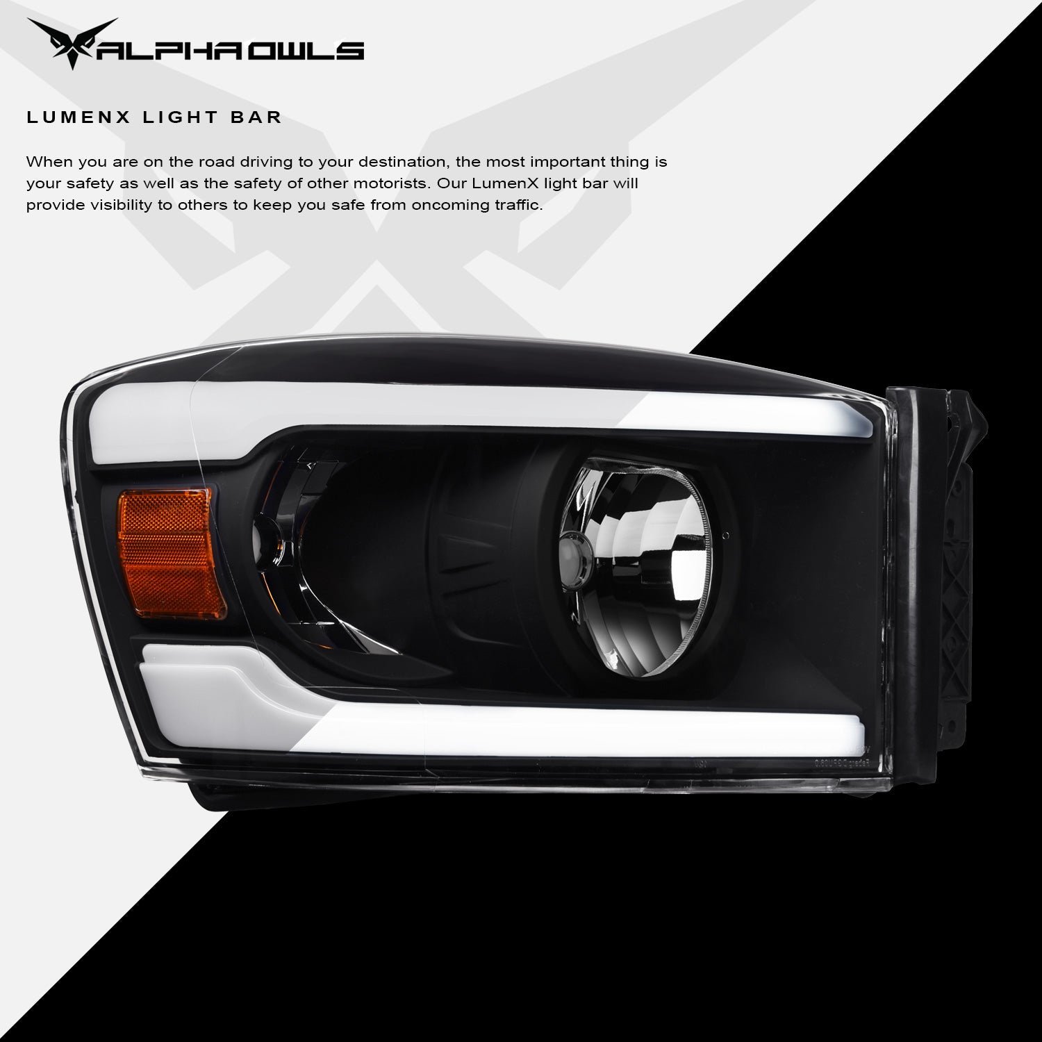 Alpha Owls 2006-2009 Dodge Ram 2500/3500 LM Series Headlights (Crystal Headlights Black housing w/ LumenX Light Bar) - Image 4