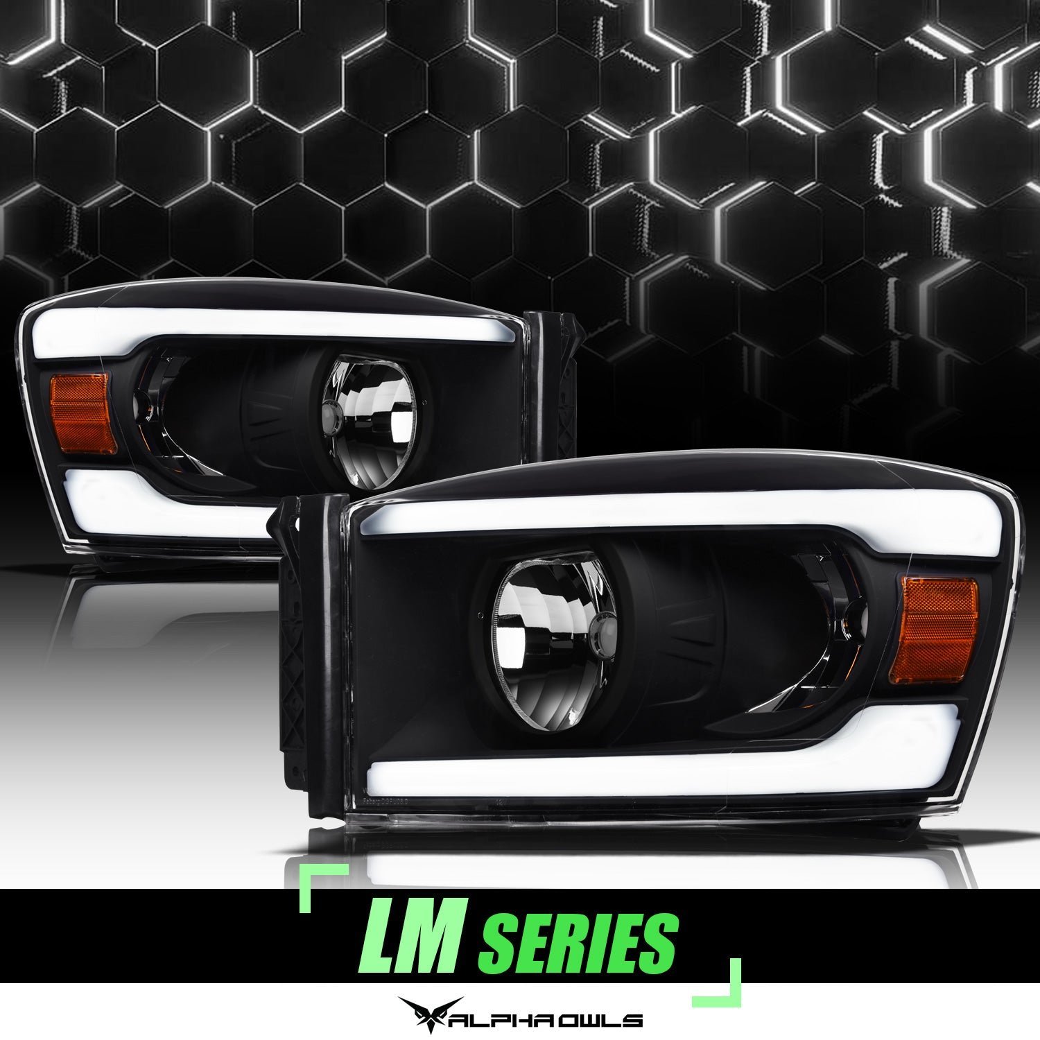 Alpha Owls 2006-2009 Dodge Ram 2500/3500 LM Series Headlights (Crystal Headlights Black housing w/ LumenX Light Bar) - Image 1
