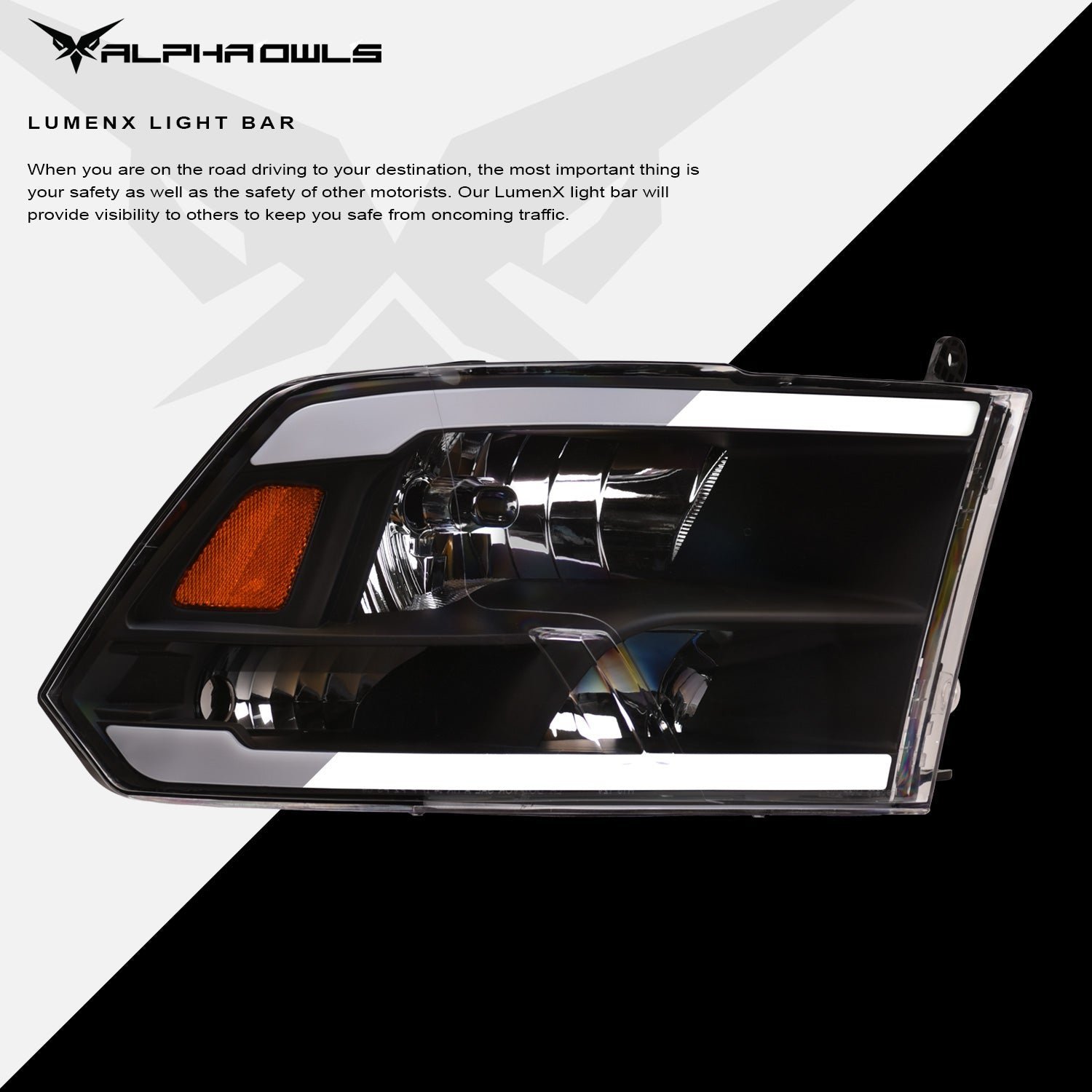 Alpha Owls 2018-2022 Dodge Ram 1500 Classic LM Series Headlights (Crystal Headlights Black housing w/ LumenX Light Bar) - Image 4