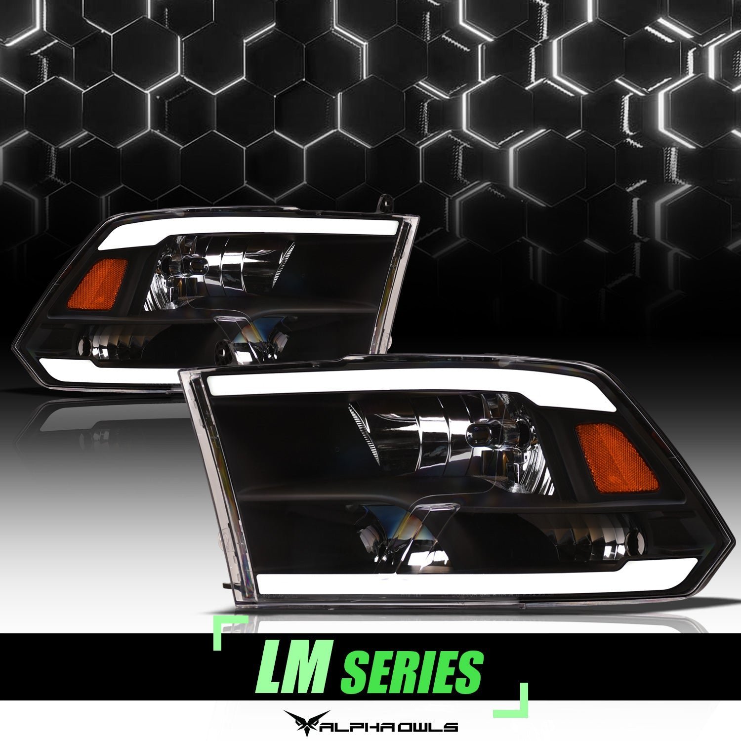 Alpha Owls 2018-2022 Dodge Ram 1500 Classic LM Series Headlights (Crystal Headlights Black housing w/ LumenX Light Bar) - Image 1
