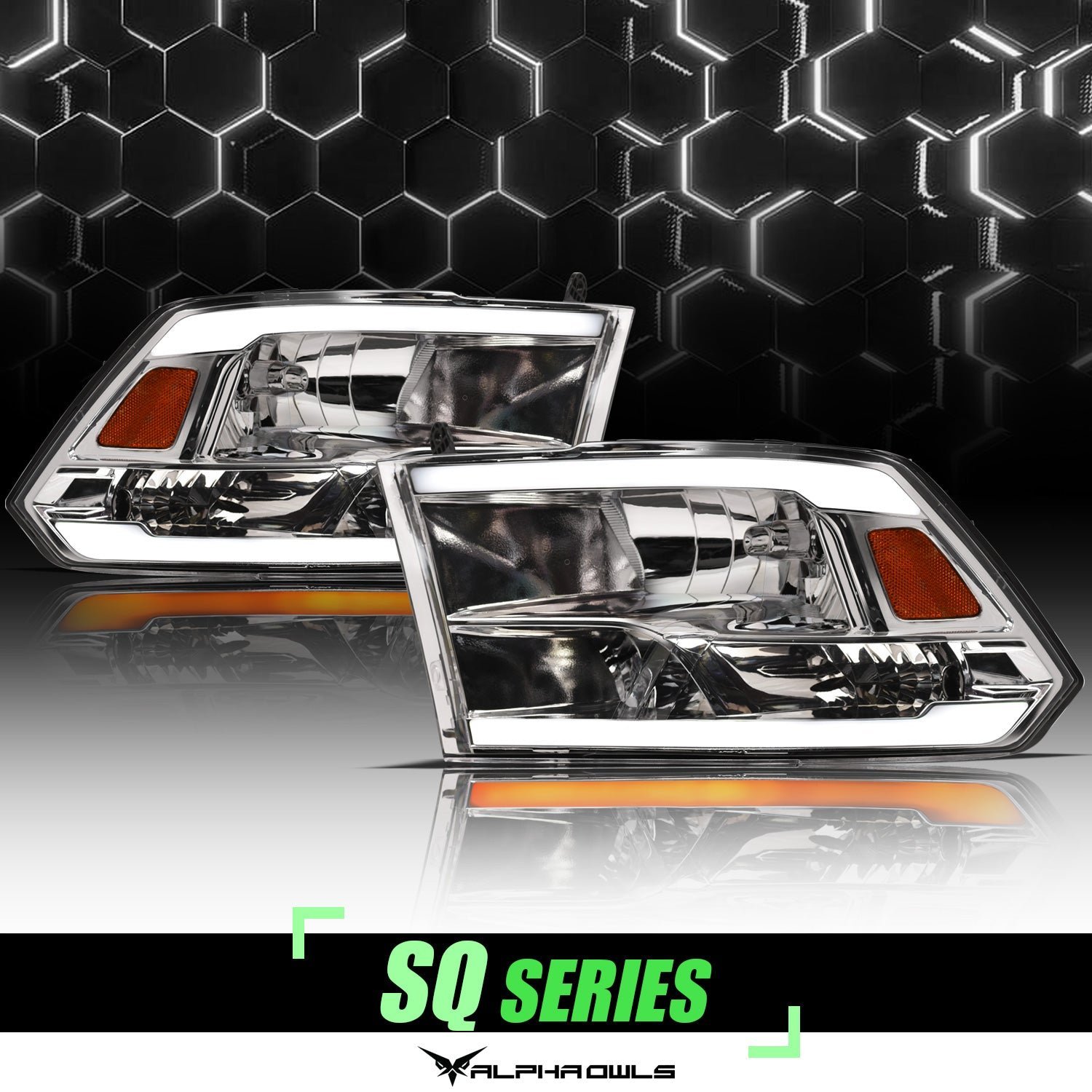Alpha Owls 2018-2022 Dodge Ram 1500 Classic SQ Series Headlights (Crystal Headlights Chrome housing w/ Sequential Signal/LumenX Light Bar) - Image 1
