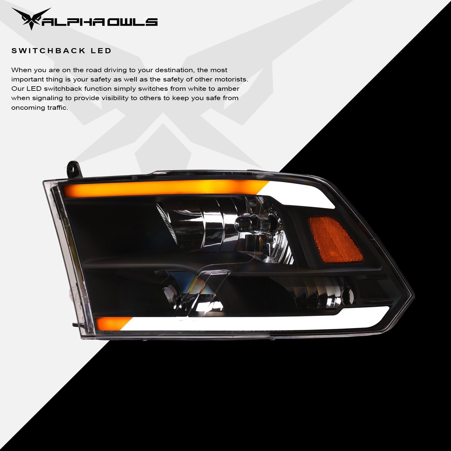 Alpha Owls 2018-2022 Dodge Ram 1500 Classic SQ Series Headlights (Crystal Headlights Black housing w/ Sequential Signal/LumenX Light Bar) - Image 4