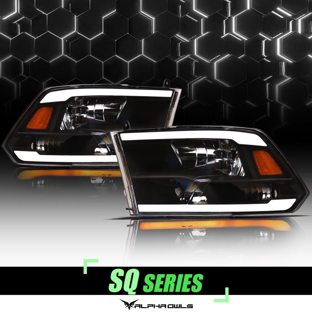 Alpha Owls 2018-2022 Dodge Ram 1500 Classic SQ Series Headlights (Crystal Headlights Black housing w/ Sequential Signal/LumenX Light Bar)