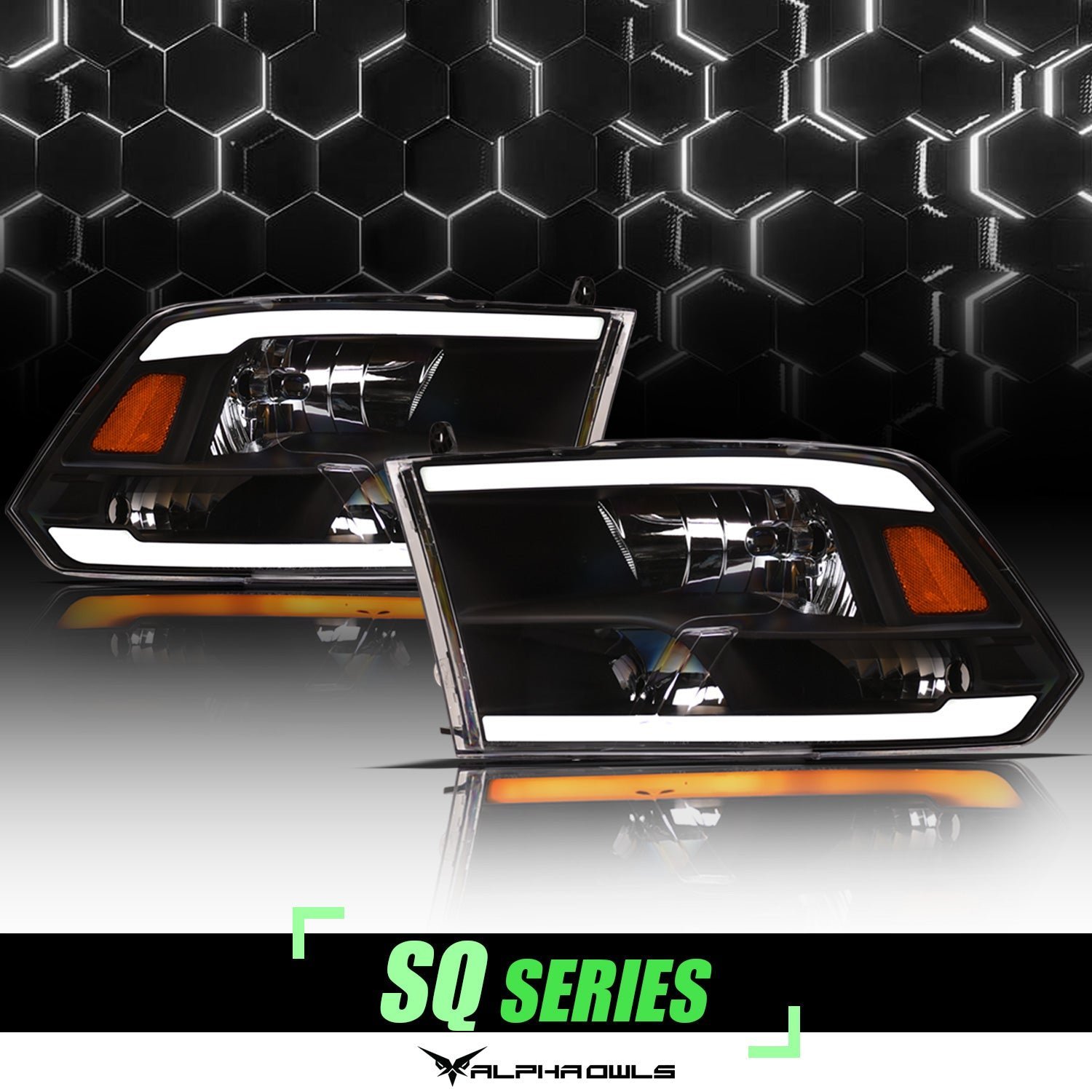 Alpha Owls 2018-2022 Dodge Ram 1500 Classic SQ Series Headlights (Crystal Headlights Black housing w/ Sequential Signal/LumenX Light Bar) - Image 1