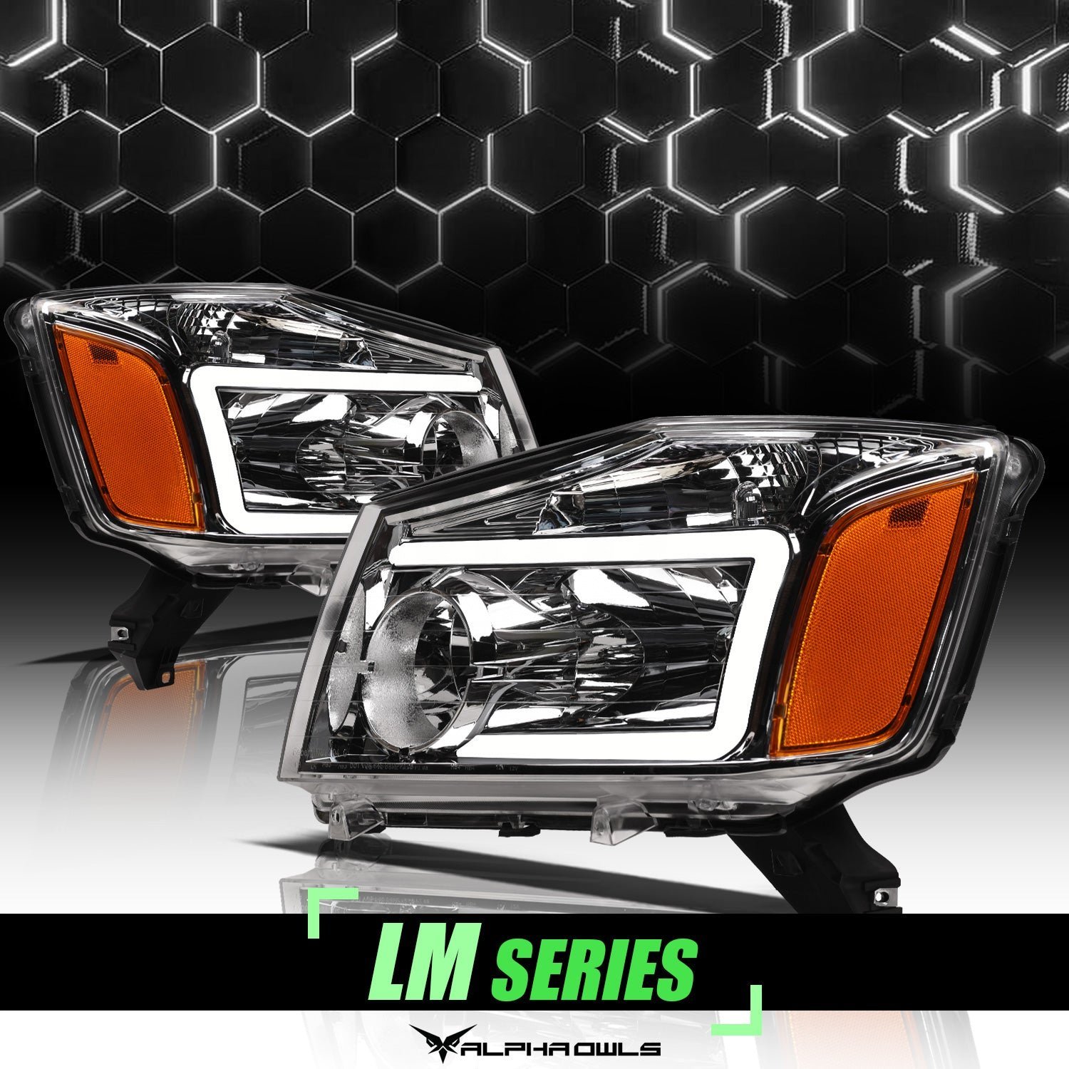 Alpha Owls 2004-2015 Nissan Titan LM Series Headlights (Crystal Headlights Chrome housing w/ LumenX Light Bar) - Image 1