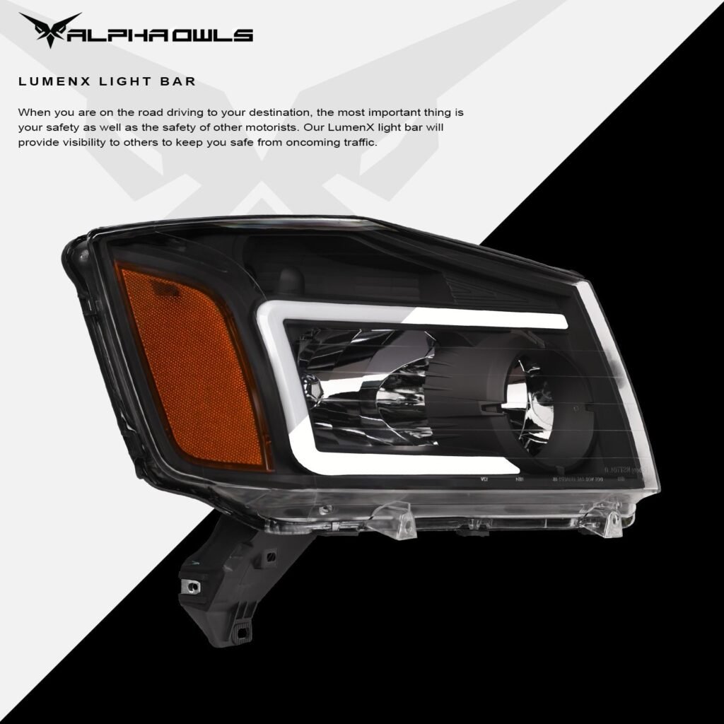 Alpha Owls 2004-2015 Nissan Titan LM Series Headlights (Crystal Headlights Black housing w/ LumenX Light Bar)