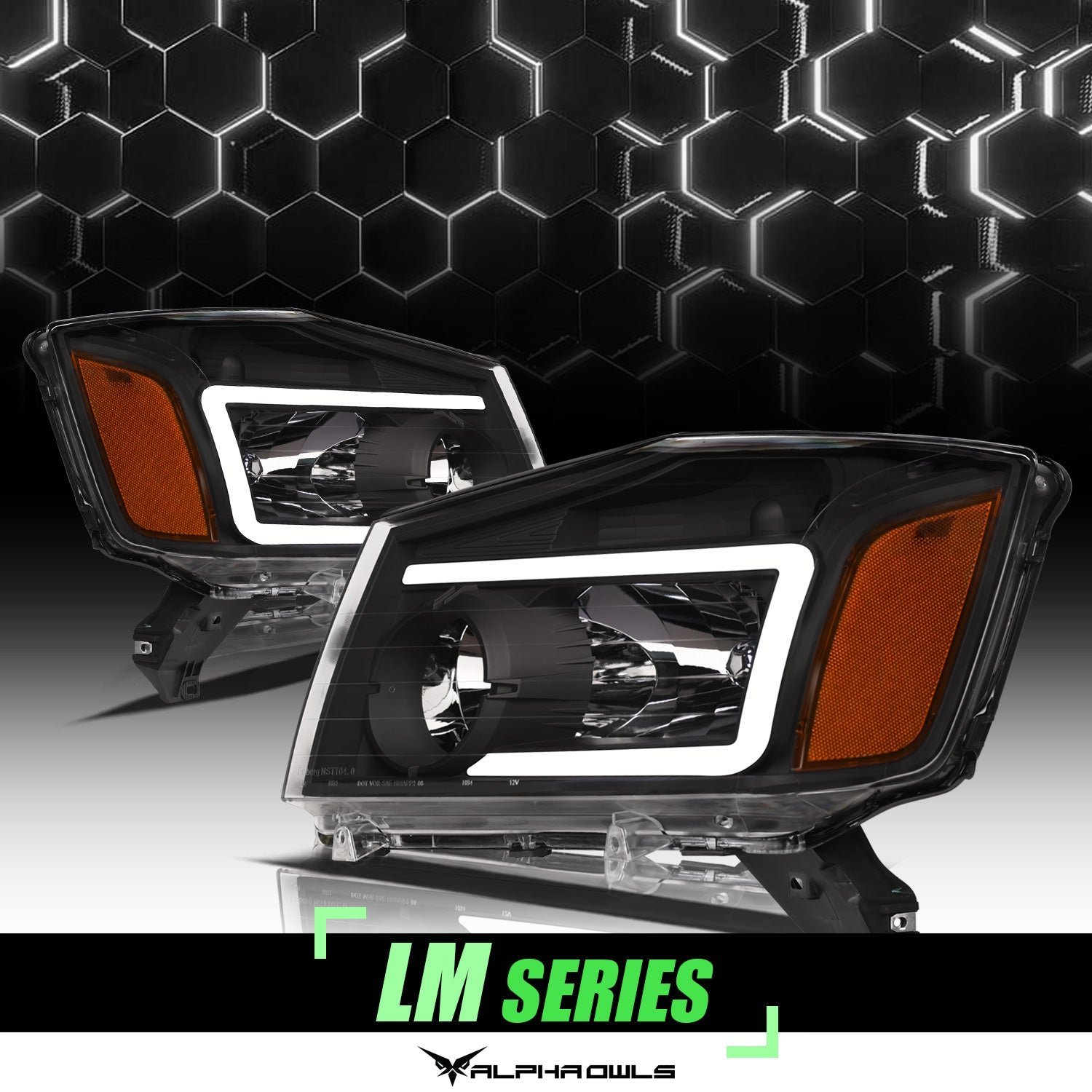 Alpha Owls 2004-2015 Nissan Titan LM Series Headlights (Crystal Headlights Black housing w/ LumenX Light Bar) - Image 1