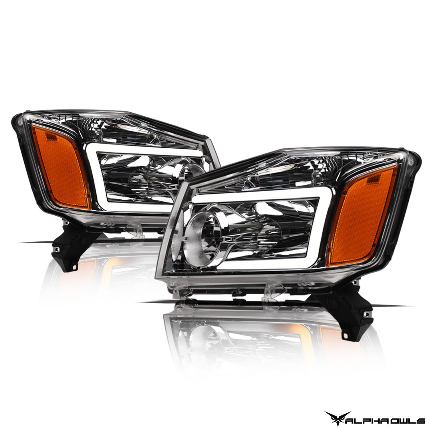 Alpha Owls 2004-2015 Nissan Titan SQ Series Headlights (Crystal Headlights Chrome housing w/ Sequential Signal/LumenX Light Bar) - Image 2