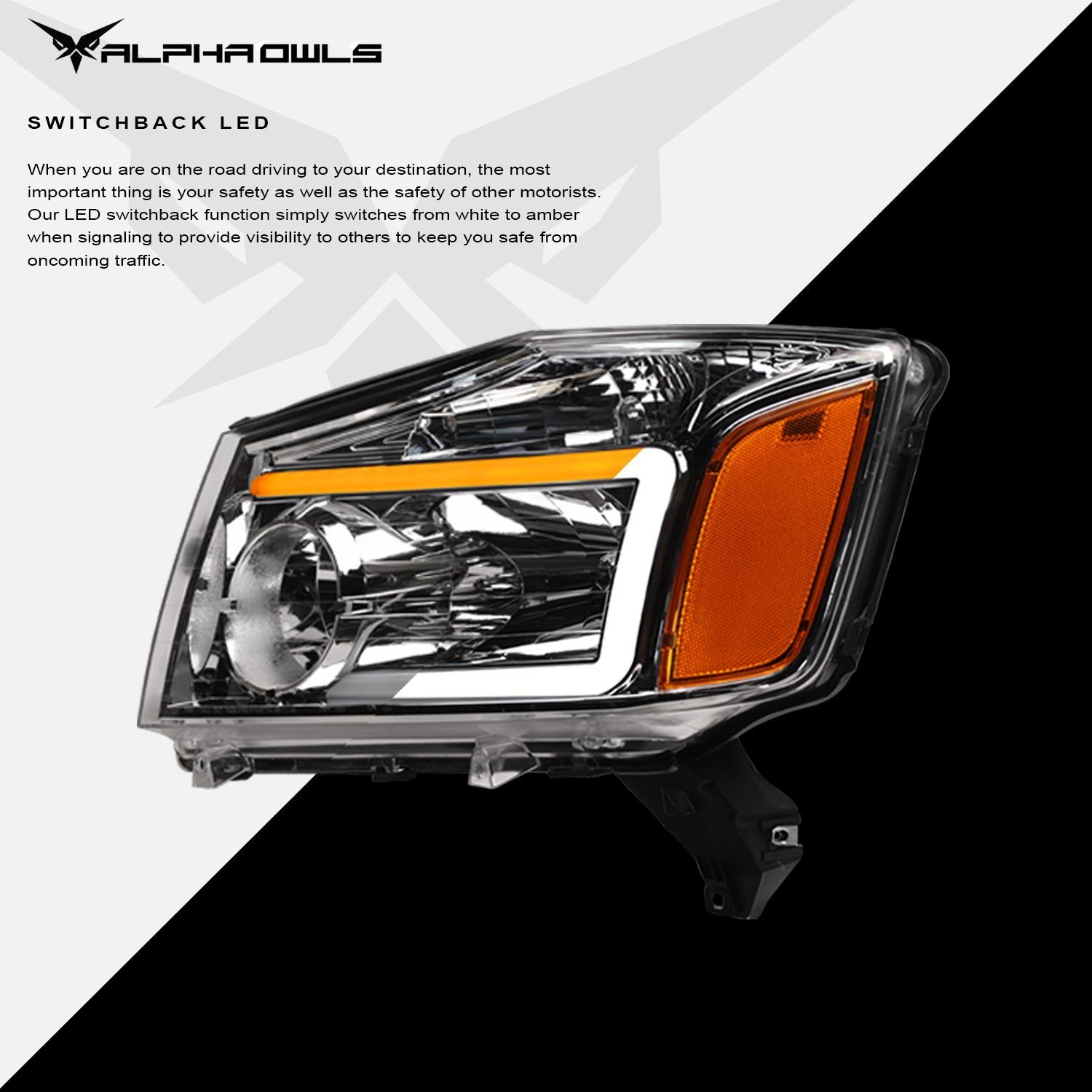 Alpha Owls 2004-2015 Nissan Titan SQ Series Headlights (Crystal Headlights Chrome housing w/ Sequential Signal/LumenX Light Bar) - Image 4