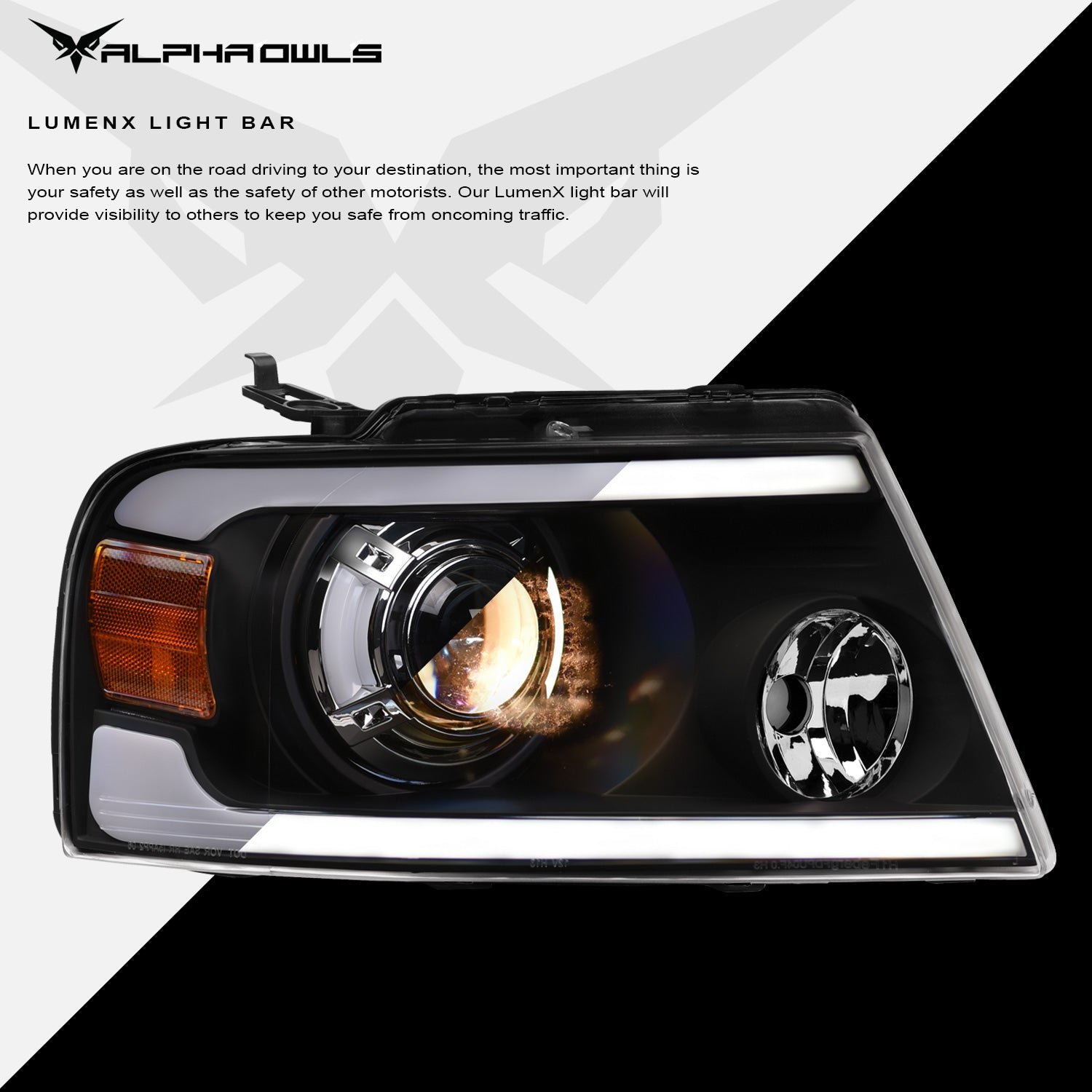 Alpha Owls 2006-2008 Lincoln Mark-LT LMP Series Projector Headlights (Halogen Projector Black housing w/ LumenX Light Bar) - Image 4