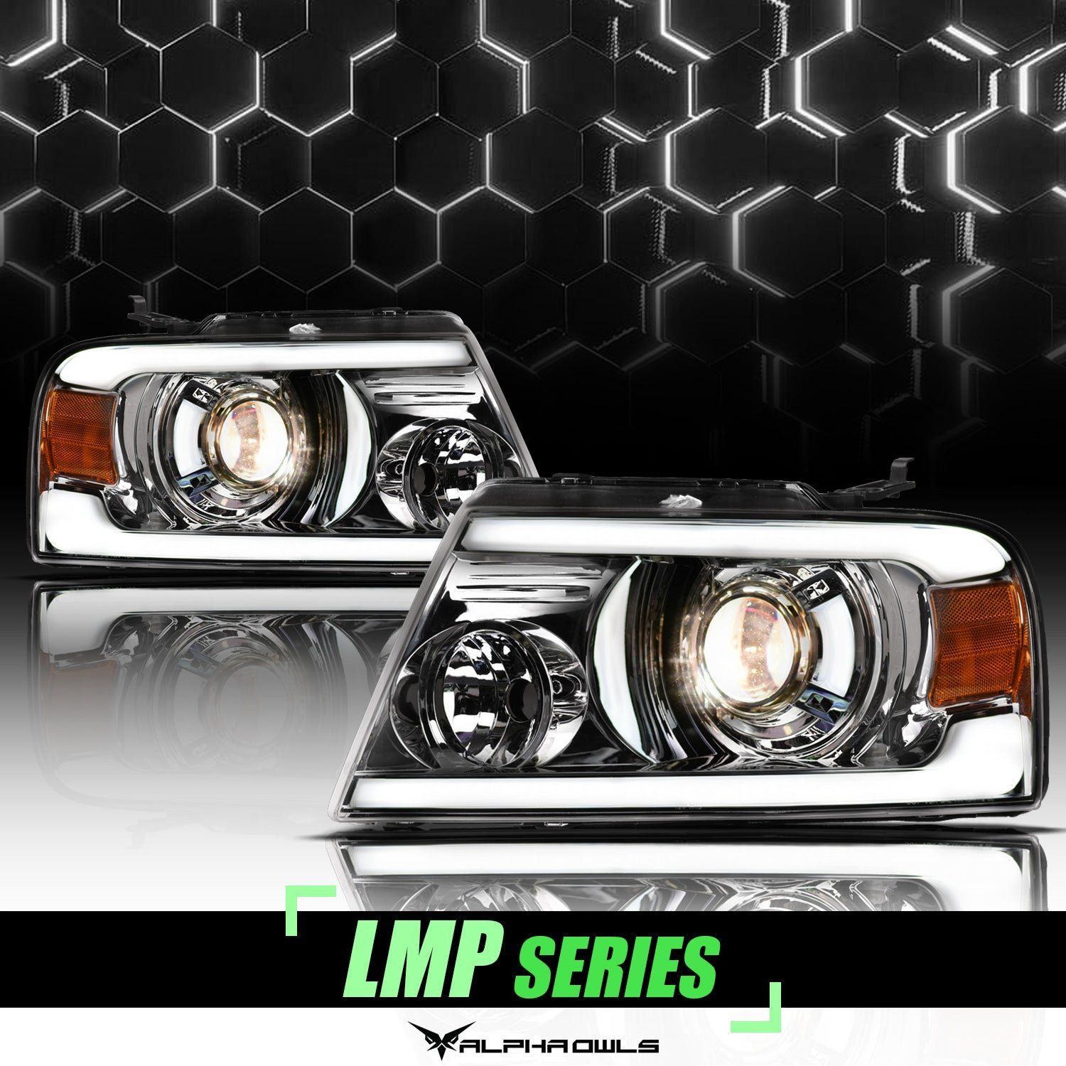 Alpha Owls 2006-2008 Lincoln Mark-LT LMP Series Projector Headlights (Halogen Projector Chrome housing w/ LumenX Light Bar) - Image 1