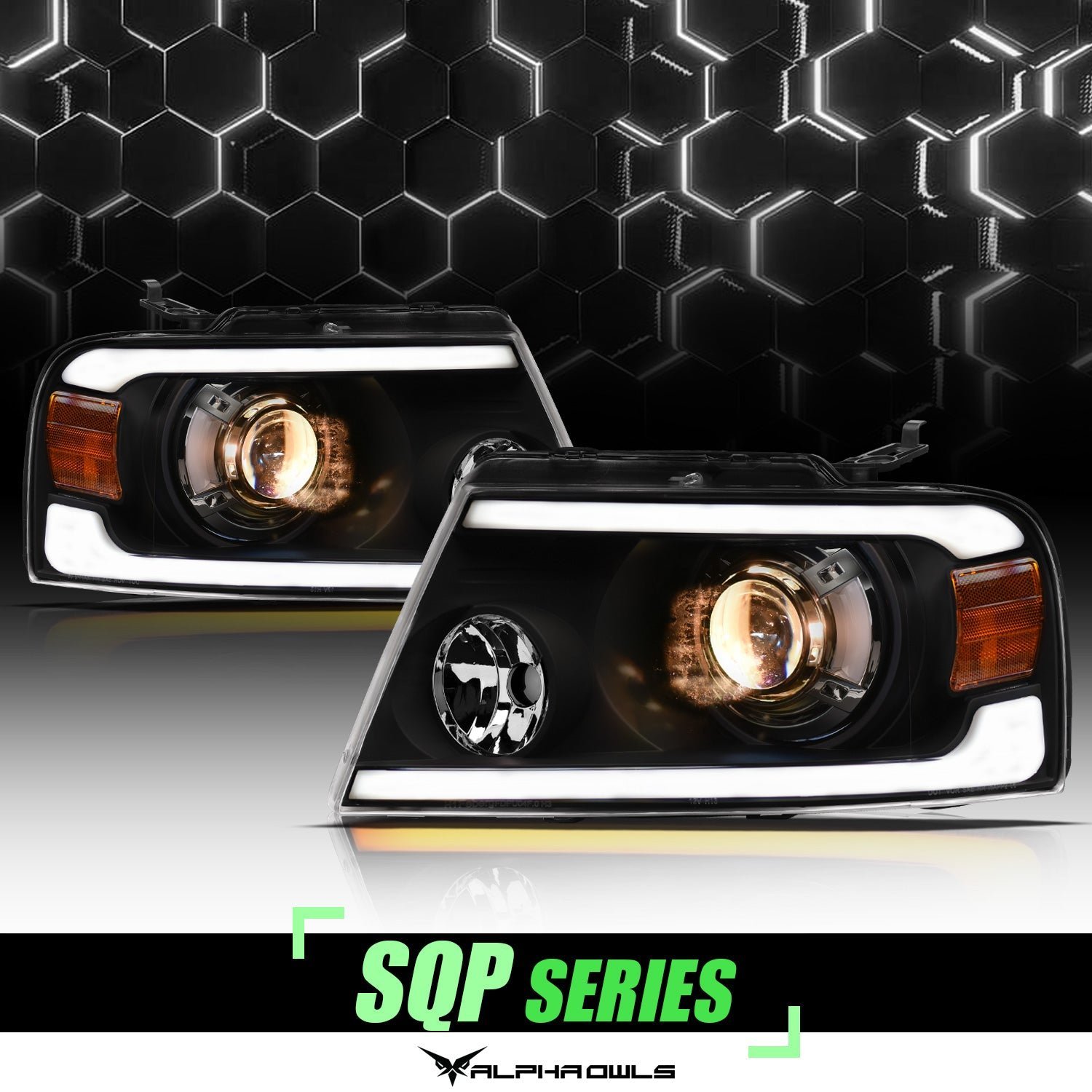 Alpha Owls 2006-2008 Lincoln Mark-LT SQP Series Projector Headlights (Halogen Projector Black housing w/ Sequential Signal/LumenX Light Bar) - Image 1