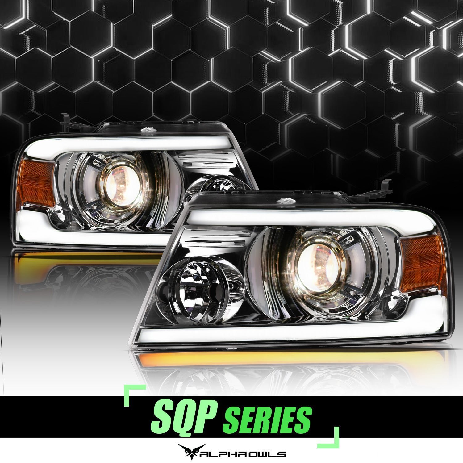 Alpha Owls 2006-2008 Lincoln Mark-LT SQP Series Projector Headlights (Halogen Projector Chrome housing w/ Sequential Signal/LumenX Light Bar) - Image 1