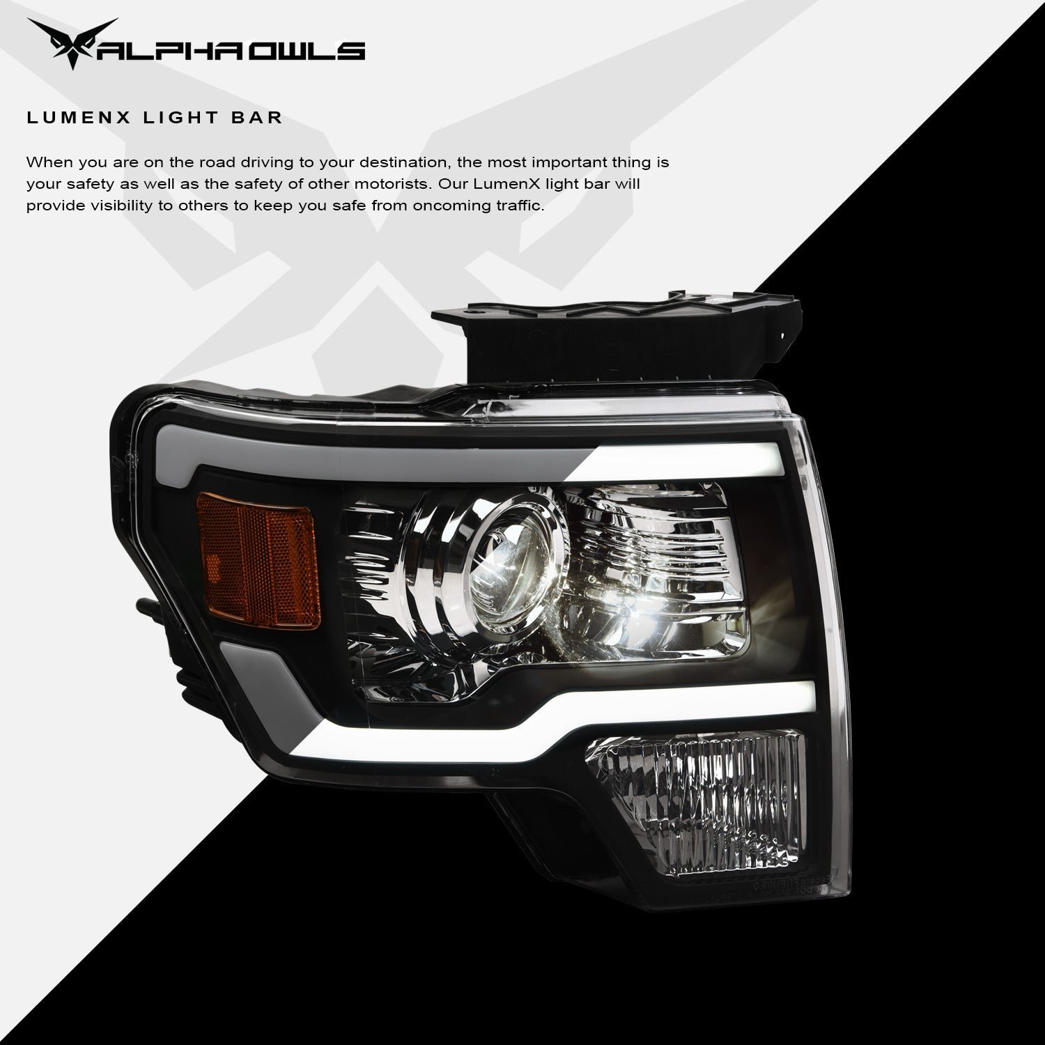 Alpha Owls 2009-2014 Ford F-150 (Excl. Models w/ factory Xenon) LMP Series Projector Headlights (Halogen Projector Black housing w/ LumenX Light Bar) - Image 4