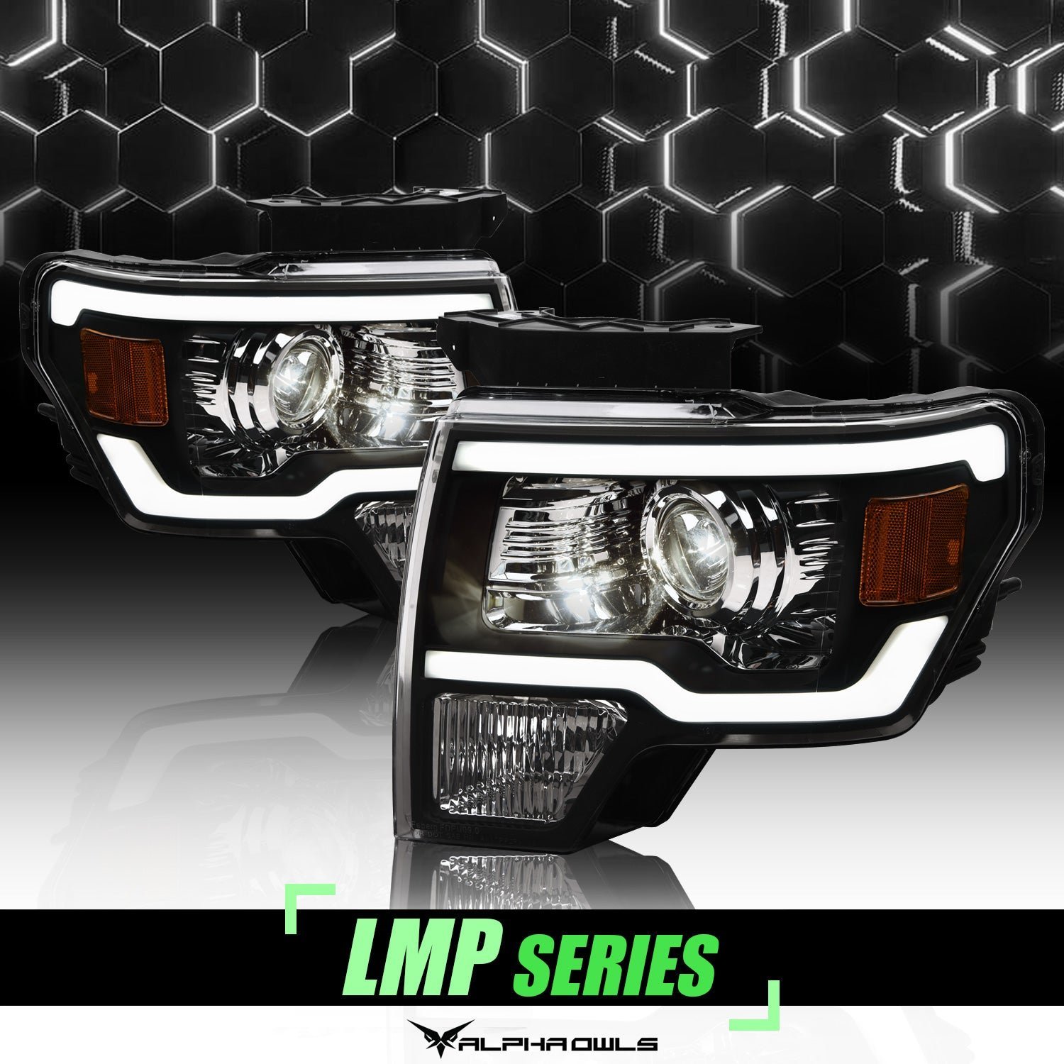 Alpha Owls 2009-2014 Ford F-150 (Excl. Models w/ factory Xenon) LMP Series Projector Headlights (Halogen Projector Black housing w/ LumenX Light Bar) - Image 1