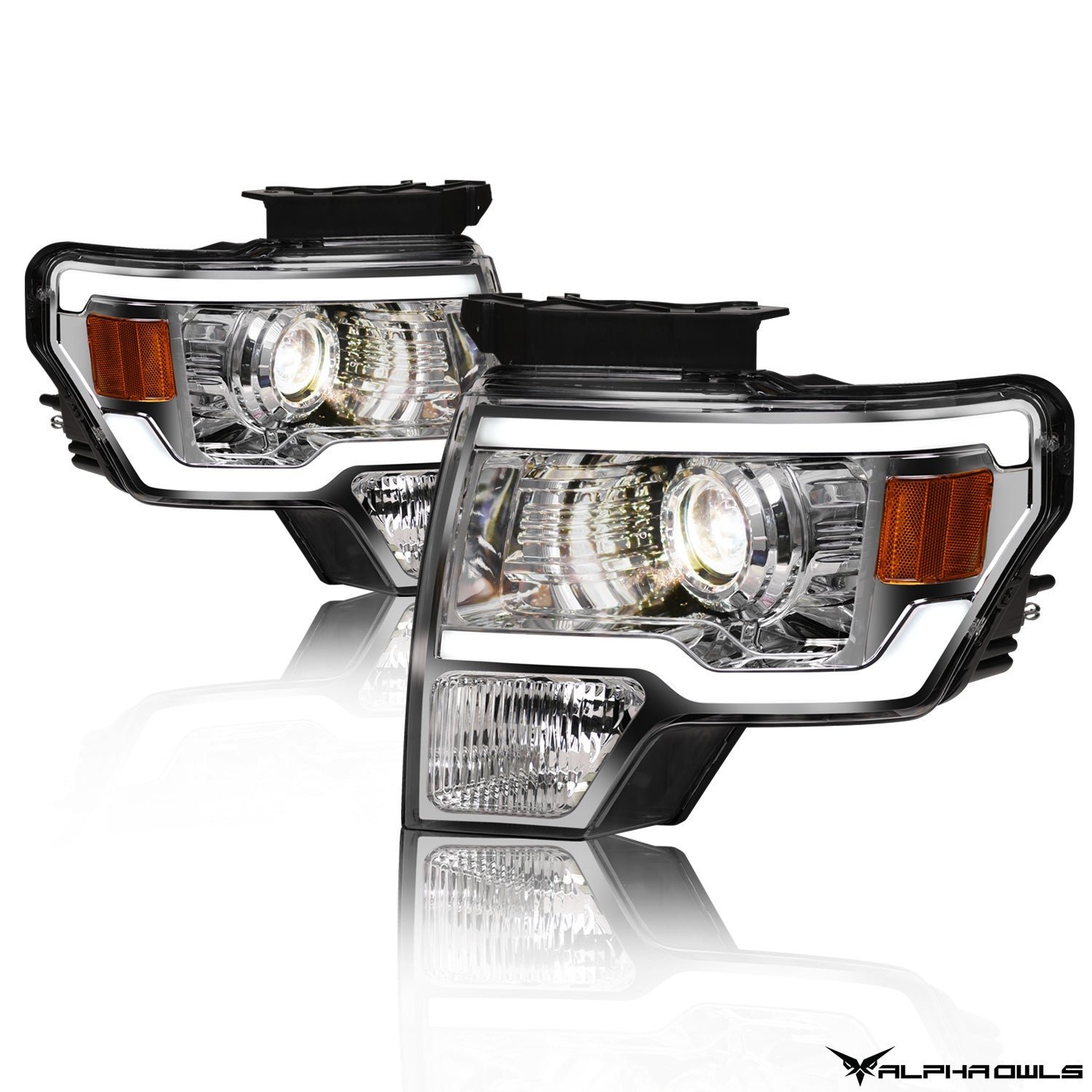Alpha Owls 2009-2014 Ford F-150 (Excl. Models w/ factory Xenon) LMP Series Projector Headlights (Halogen Projector Chrome housing w/ LumenX Light Bar) - Image 2